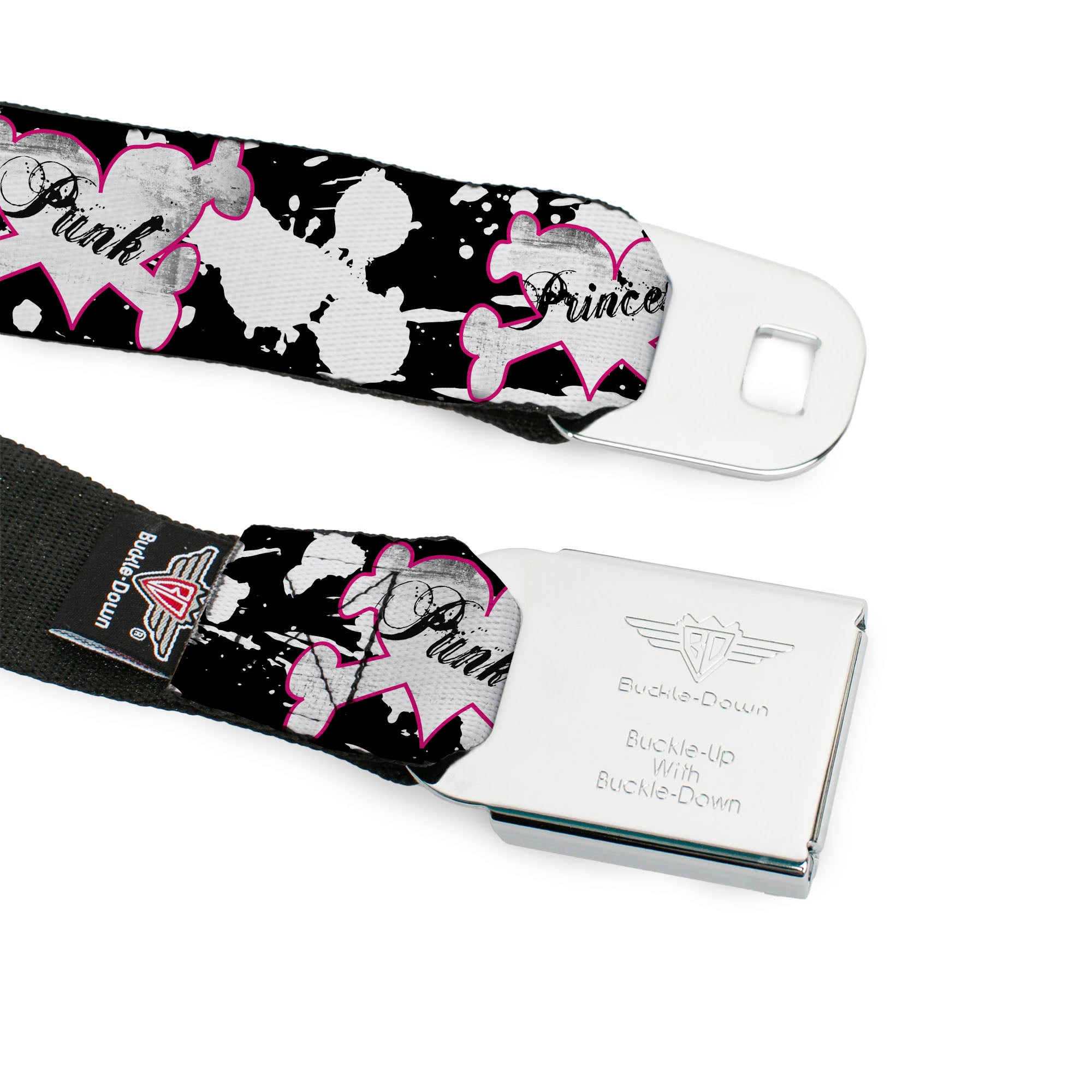 BD Wings Logo CLOSE-UP Full Color Black Silver Seatbelt Belt - Punk Princess Heart & Cross Bones w/Splatter Black/White Webbing Seatbelt Belts Buckle-Down