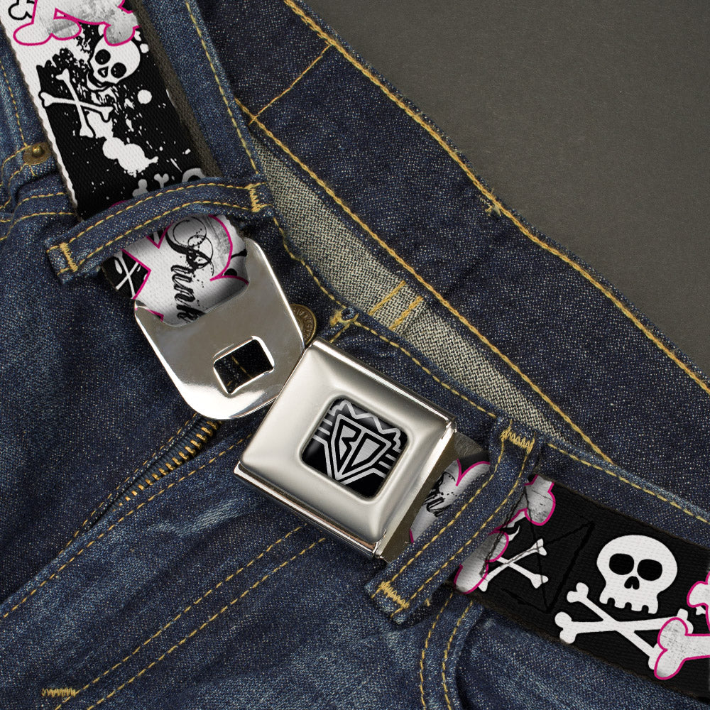 BD Wings Logo CLOSE-UP Full Color Black Silver Seatbelt Belt - Punk Heart & Cross Bones w/Skulls & Splatter Black/White Webbing Seatbelt Belts Buckle-Down