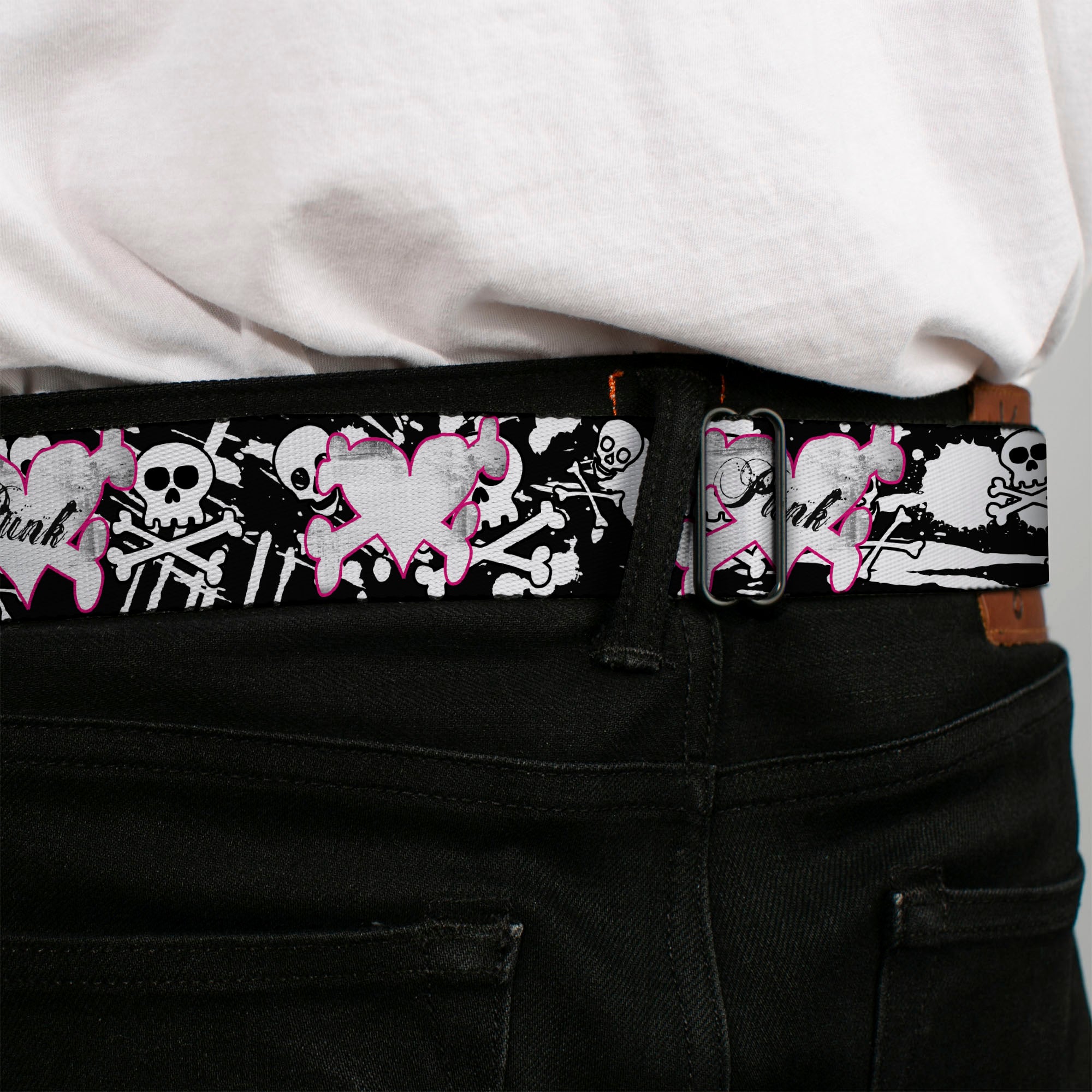 BD Wings Logo CLOSE-UP Full Color Black Silver Seatbelt Belt - Punk Heart & Cross Bones w/Skulls & Splatter Black/White Webbing Seatbelt Belts Buckle-Down