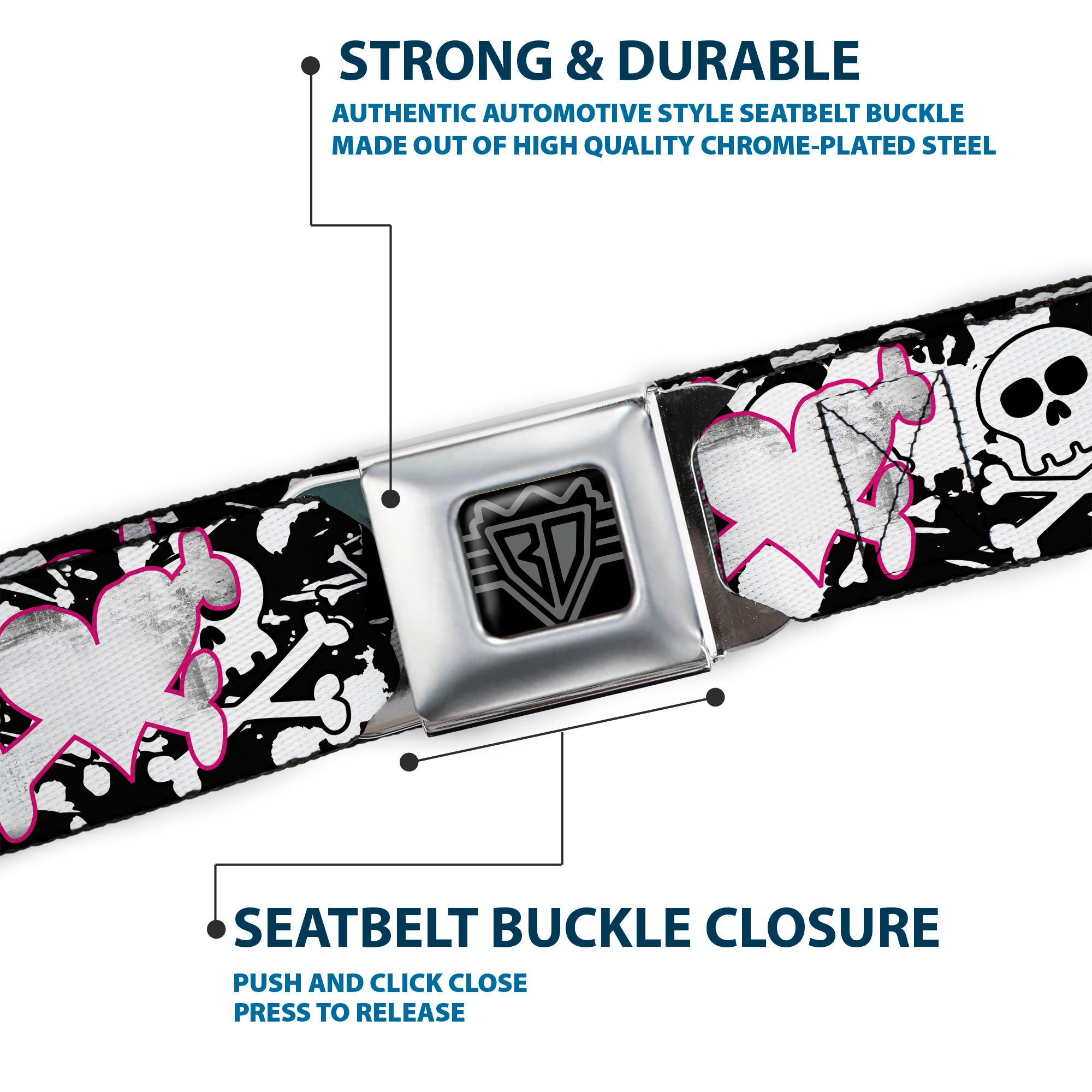 BD Wings Logo CLOSE-UP Full Color Black Silver Seatbelt Belt - Punk Heart & Cross Bones w/Skulls & Splatter Black/White Webbing Seatbelt Belts Buckle-Down