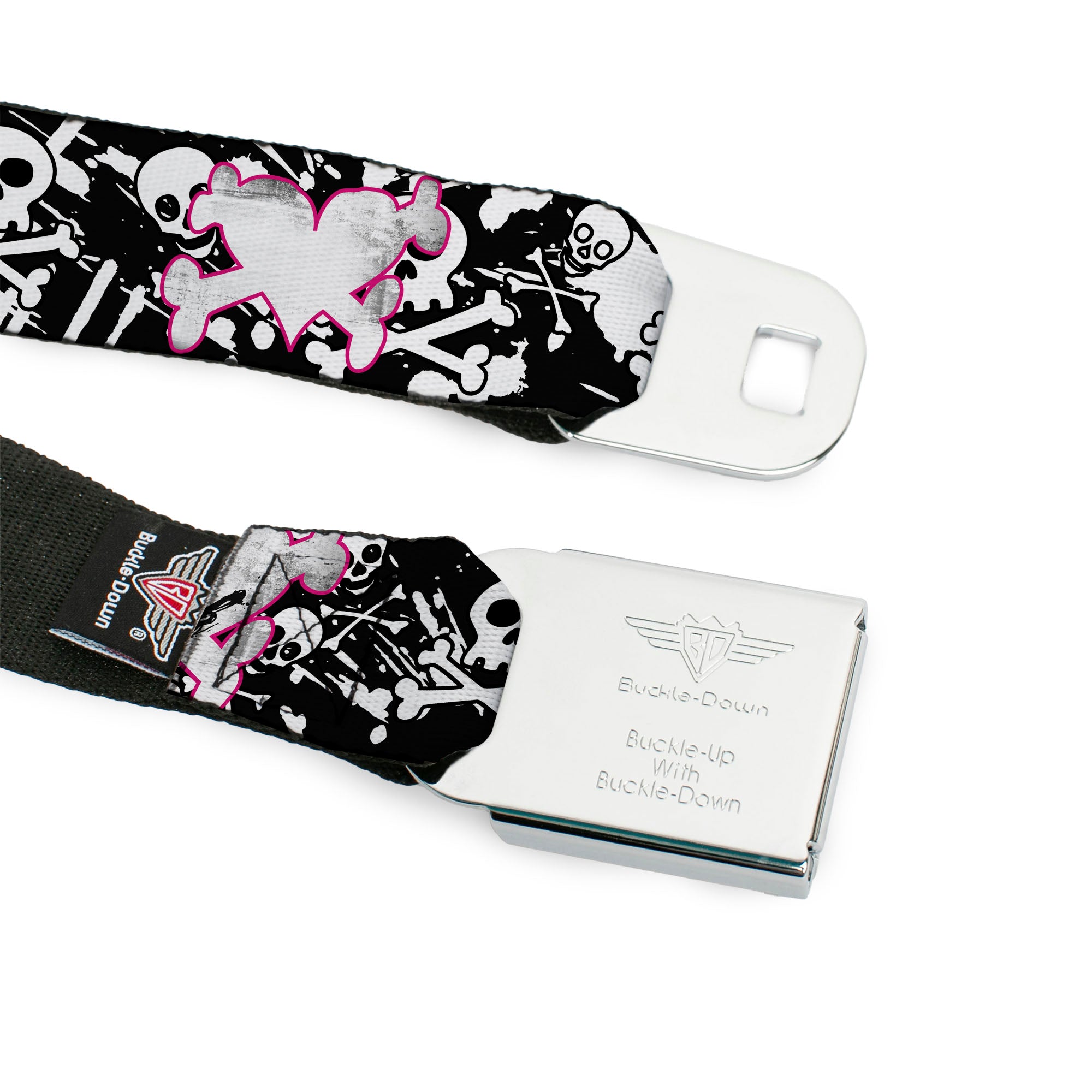 BD Wings Logo CLOSE-UP Full Color Black Silver Seatbelt Belt - Punk Heart & Cross Bones w/Skulls & Splatter Black/White Webbing Seatbelt Belts Buckle-Down