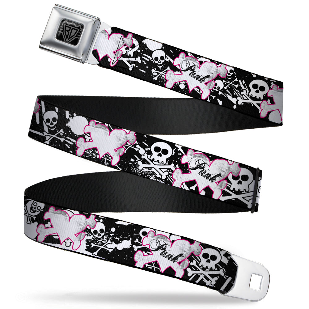 BD Wings Logo CLOSE-UP Full Color Black Silver Seatbelt Belt - Punk Heart & Cross Bones w/Skulls & Splatter Black/White Webbing Seatbelt Belts Buckle-Down