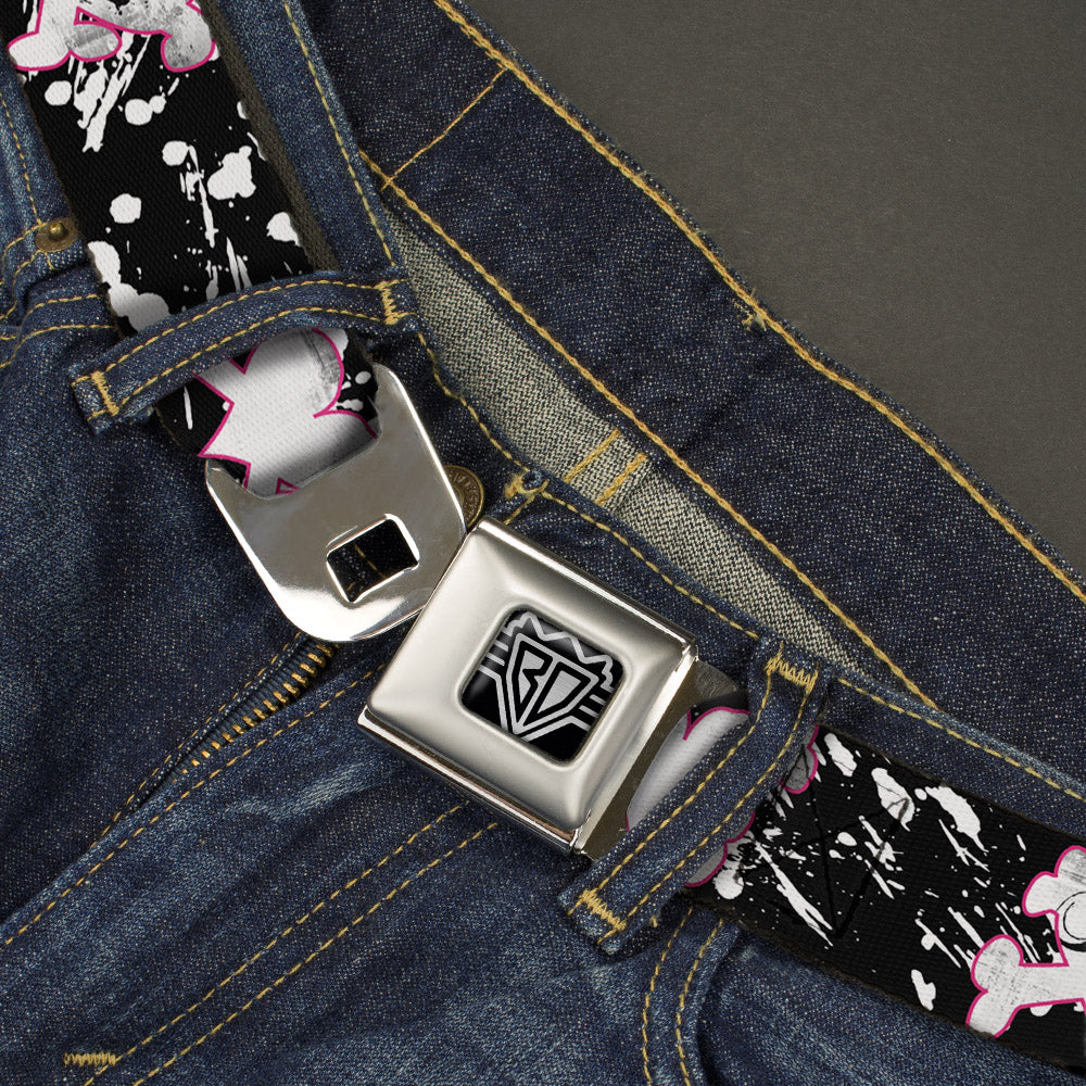 BD Wings Logo CLOSE-UP Full Color Black Silver Seatbelt Belt - Punk Heart & Cross Bones w/Splatter Black/White Webbing Seatbelt Belts Buckle-Down