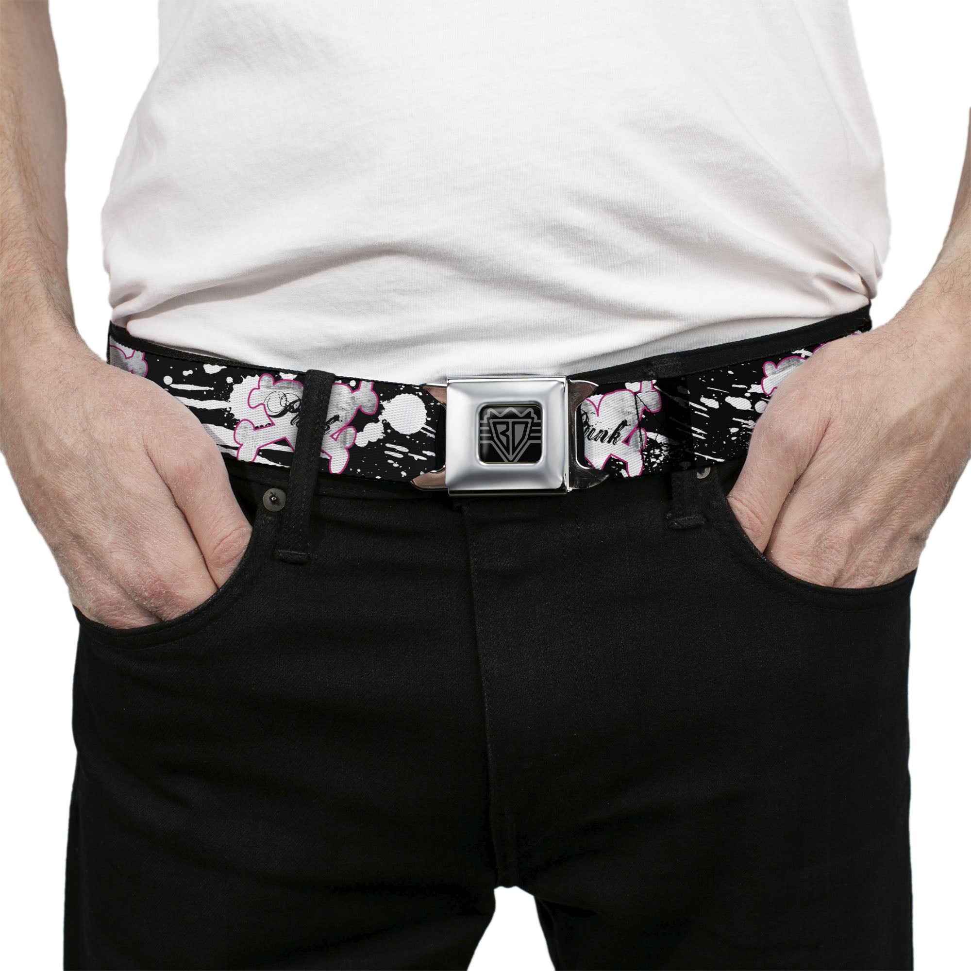 BD Wings Logo CLOSE-UP Full Color Black Silver Seatbelt Belt - Punk Heart & Cross Bones w/Splatter Black/White Webbing Seatbelt Belts Buckle-Down