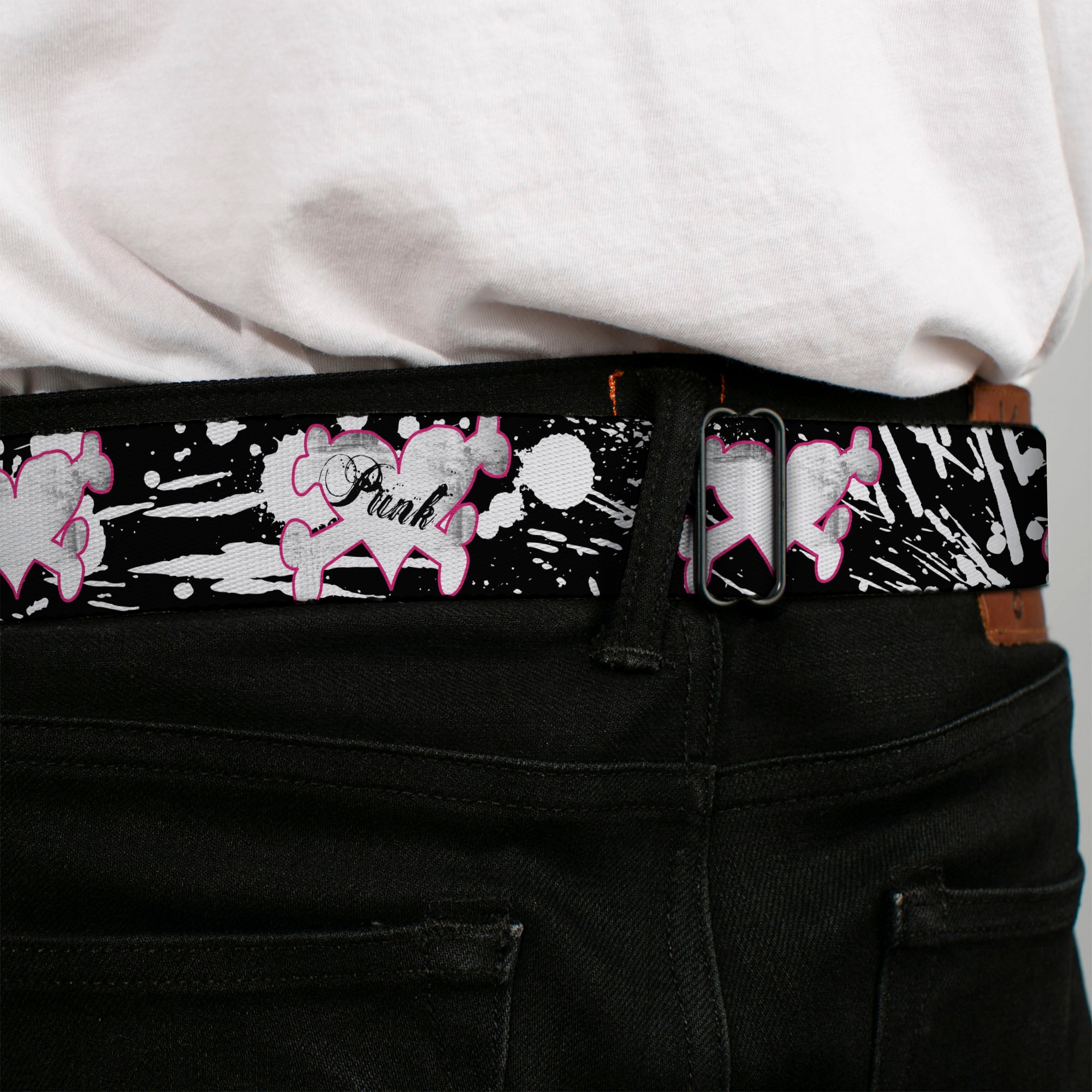 BD Wings Logo CLOSE-UP Full Color Black Silver Seatbelt Belt - Punk Heart & Cross Bones w/Splatter Black/White Webbing Seatbelt Belts Buckle-Down