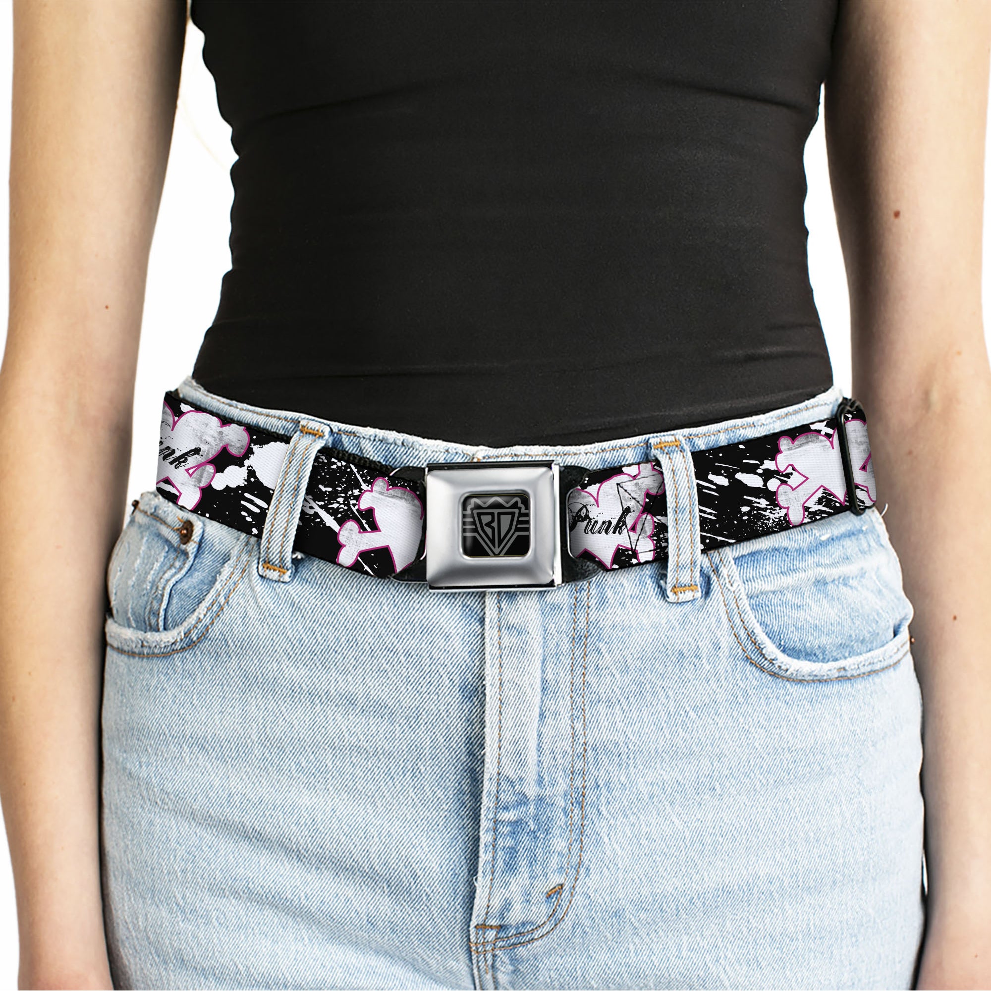 BD Wings Logo CLOSE-UP Full Color Black Silver Seatbelt Belt - Punk Heart & Cross Bones w/Splatter Black/White Webbing Seatbelt Belts Buckle-Down