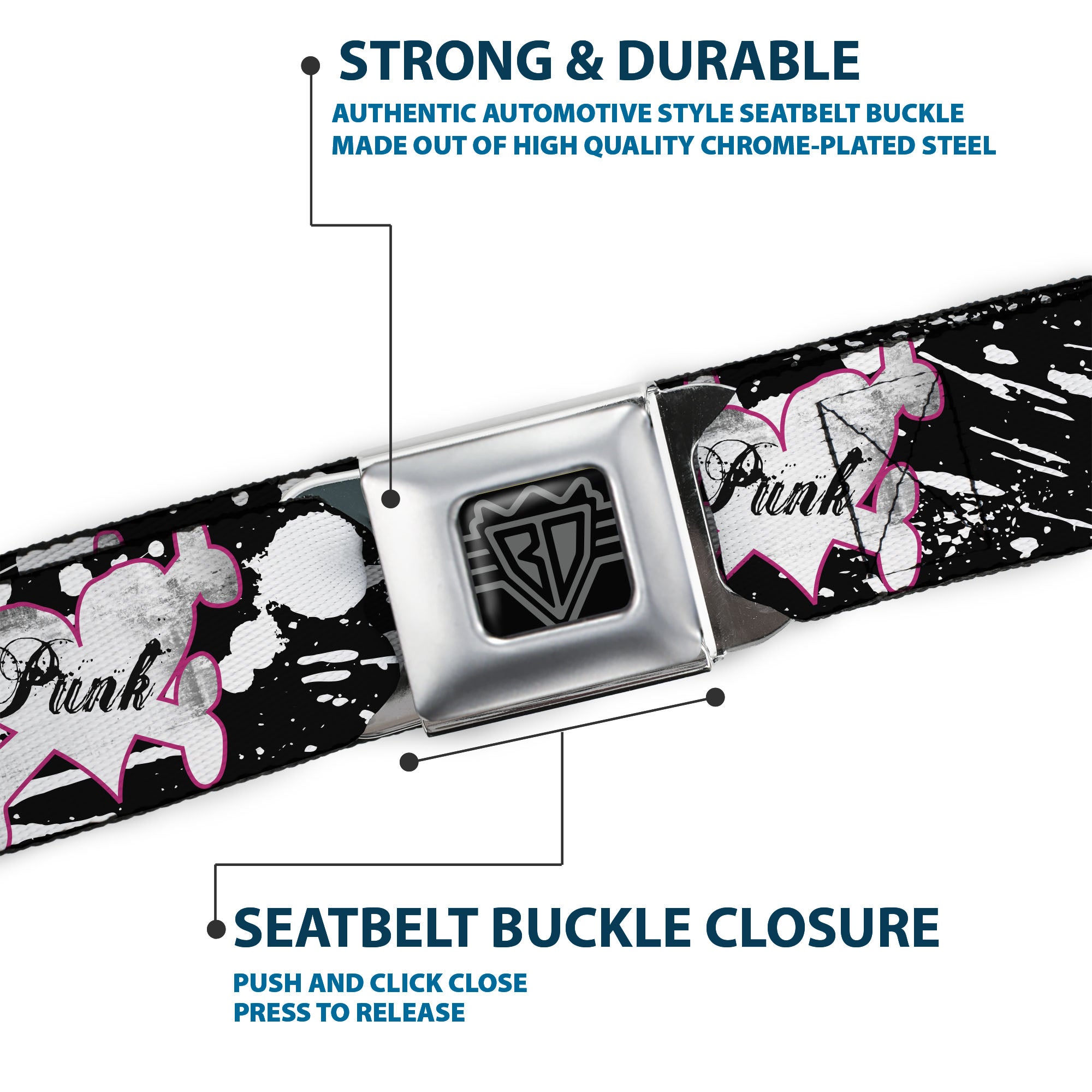BD Wings Logo CLOSE-UP Full Color Black Silver Seatbelt Belt - Punk Heart & Cross Bones w/Splatter Black/White Webbing Seatbelt Belts Buckle-Down