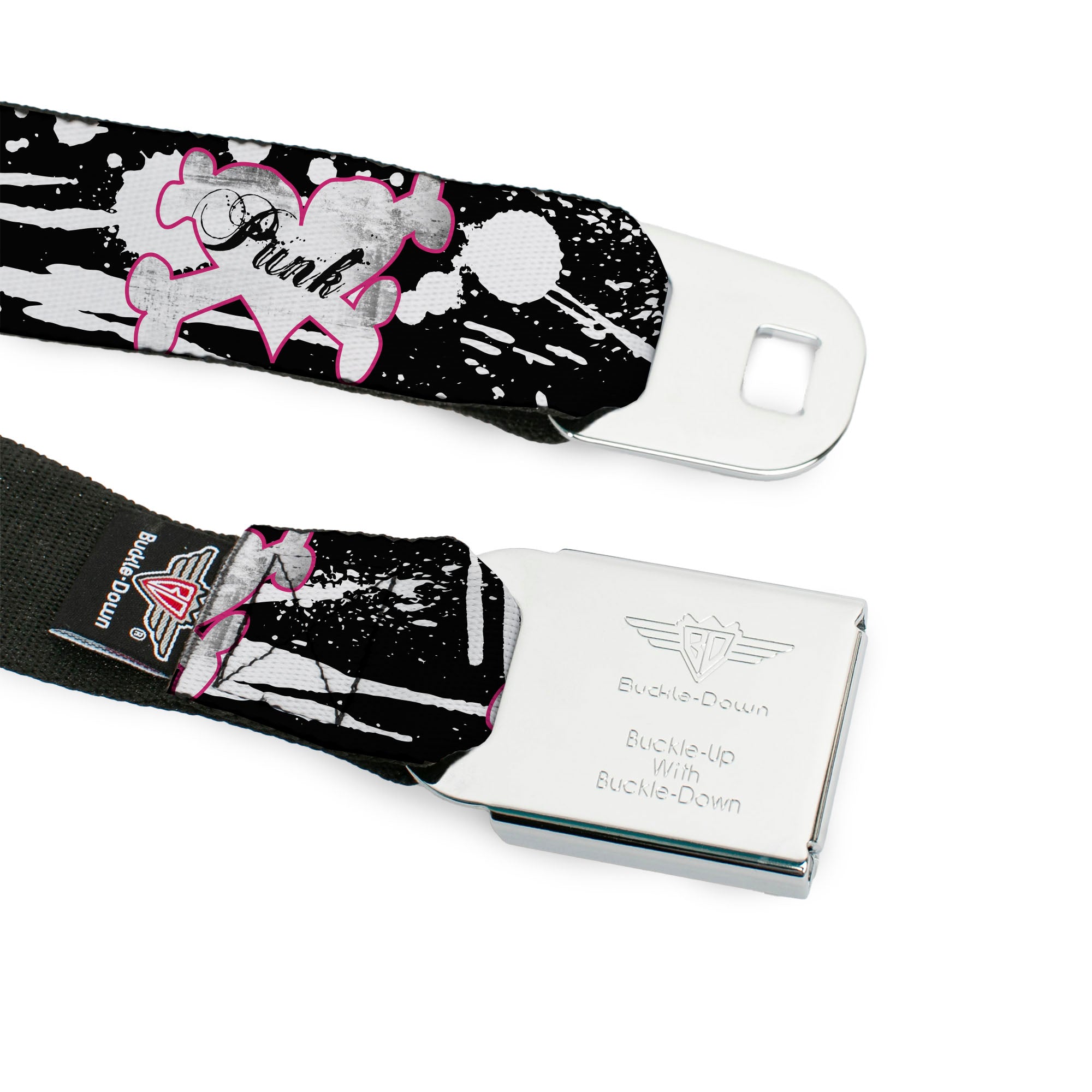 BD Wings Logo CLOSE-UP Full Color Black Silver Seatbelt Belt - Punk Heart & Cross Bones w/Splatter Black/White Webbing Seatbelt Belts Buckle-Down