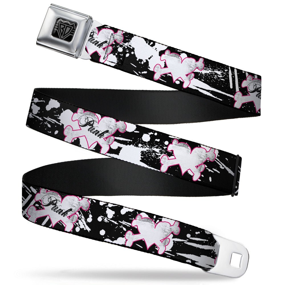 BD Wings Logo CLOSE-UP Full Color Black Silver Seatbelt Belt - Punk Heart & Cross Bones w/Splatter Black/White Webbing Seatbelt Belts Buckle-Down
