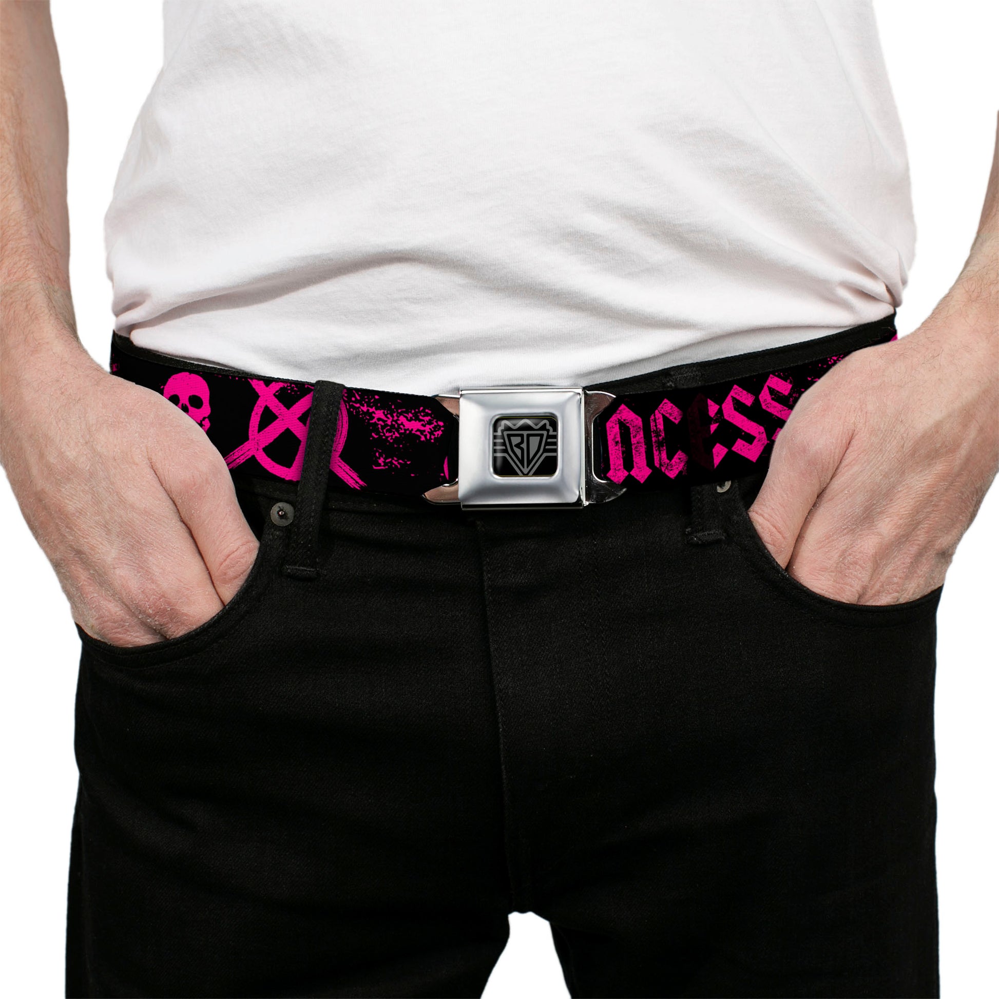 BD Wings Logo CLOSE-UP Full Color Black Silver Seatbelt Belt - Punk Princess Black/Fuchsia Webbing Seatbelt Belts Buckle-Down