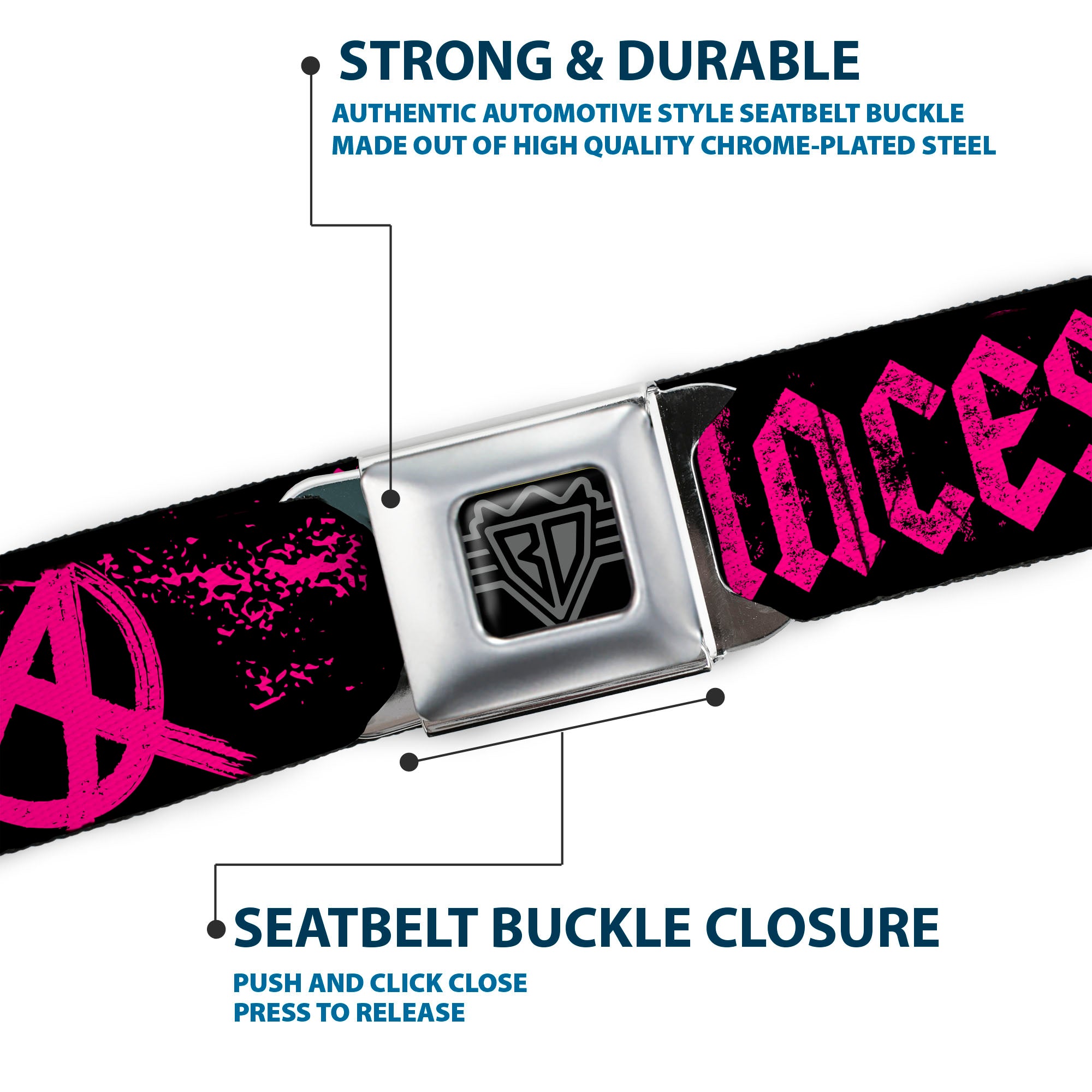 BD Wings Logo CLOSE-UP Full Color Black Silver Seatbelt Belt - Punk Princess Black/Fuchsia Webbing Seatbelt Belts Buckle-Down