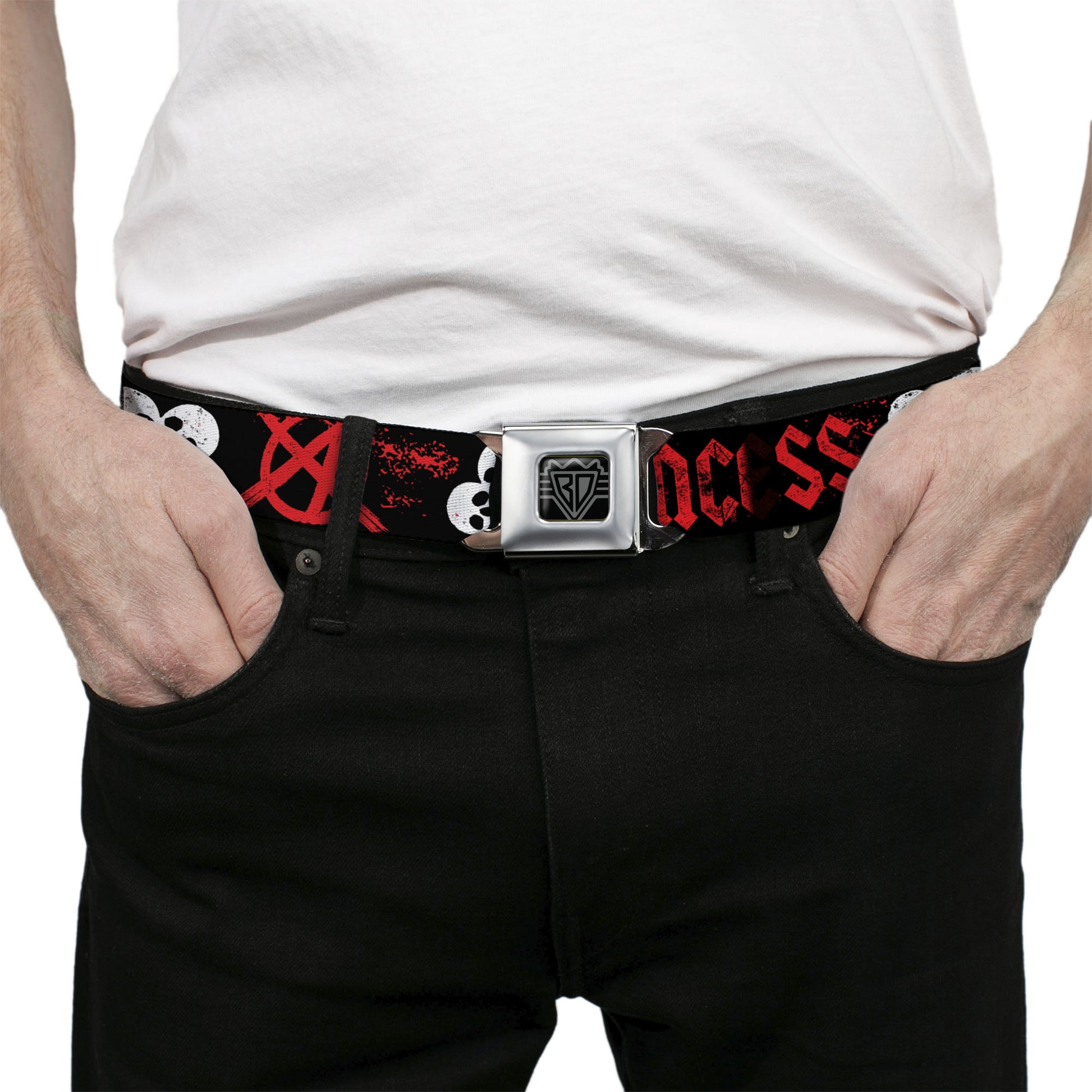 BD Wings Logo CLOSE-UP Full Color Black Silver Seatbelt Belt - Punk Princess Black/Red/White Webbing Seatbelt Belts Buckle-Down