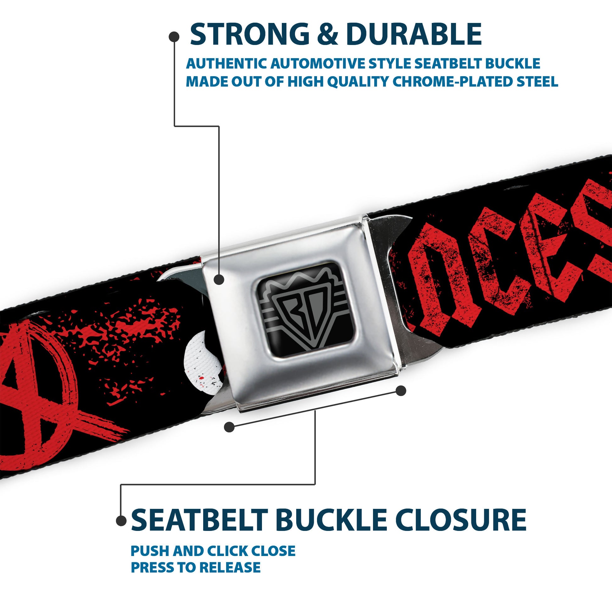 BD Wings Logo CLOSE-UP Full Color Black Silver Seatbelt Belt - Punk Princess Black/Red/White Webbing Seatbelt Belts Buckle-Down