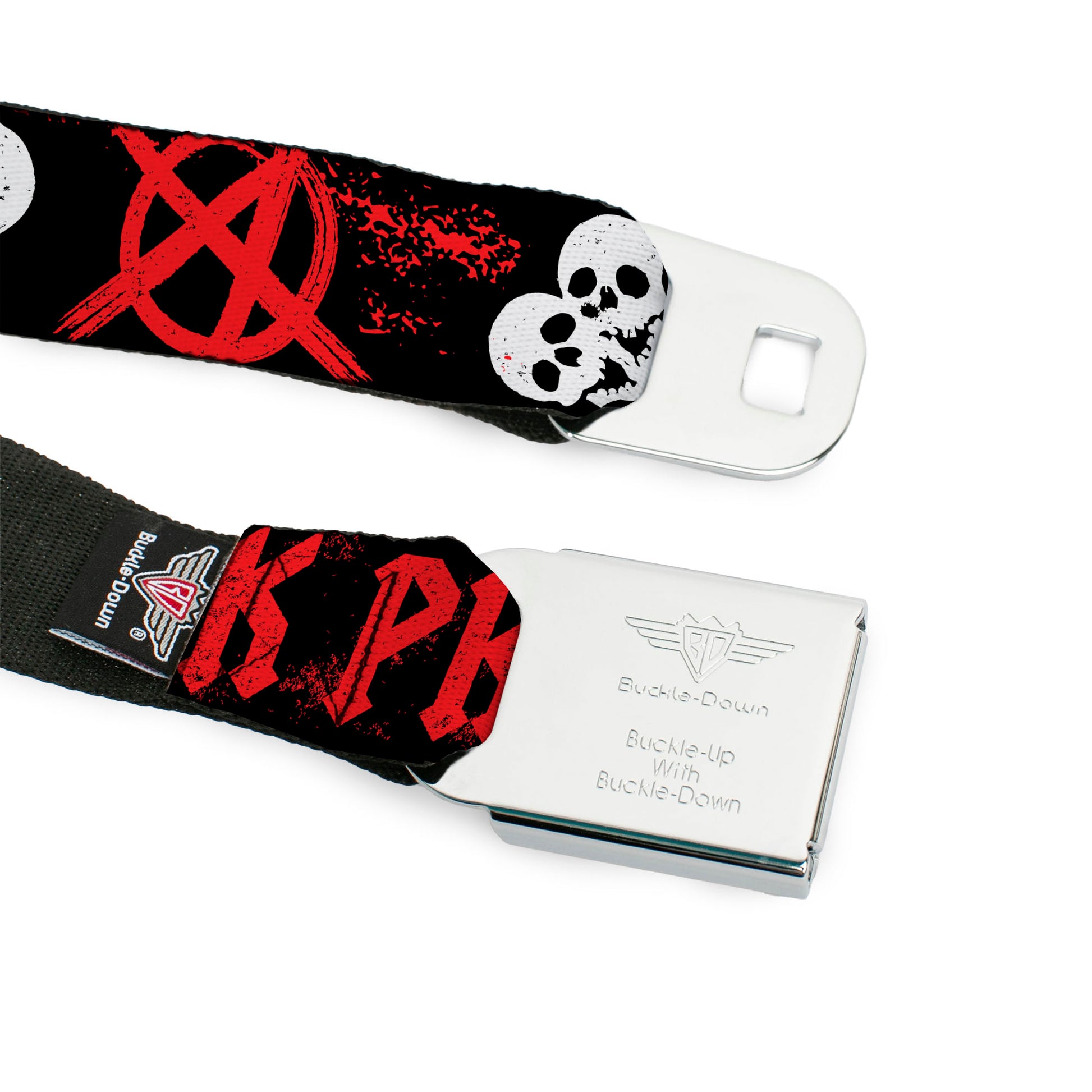 BD Wings Logo CLOSE-UP Full Color Black Silver Seatbelt Belt - Punk Princess Black/Red/White Webbing Seatbelt Belts Buckle-Down
