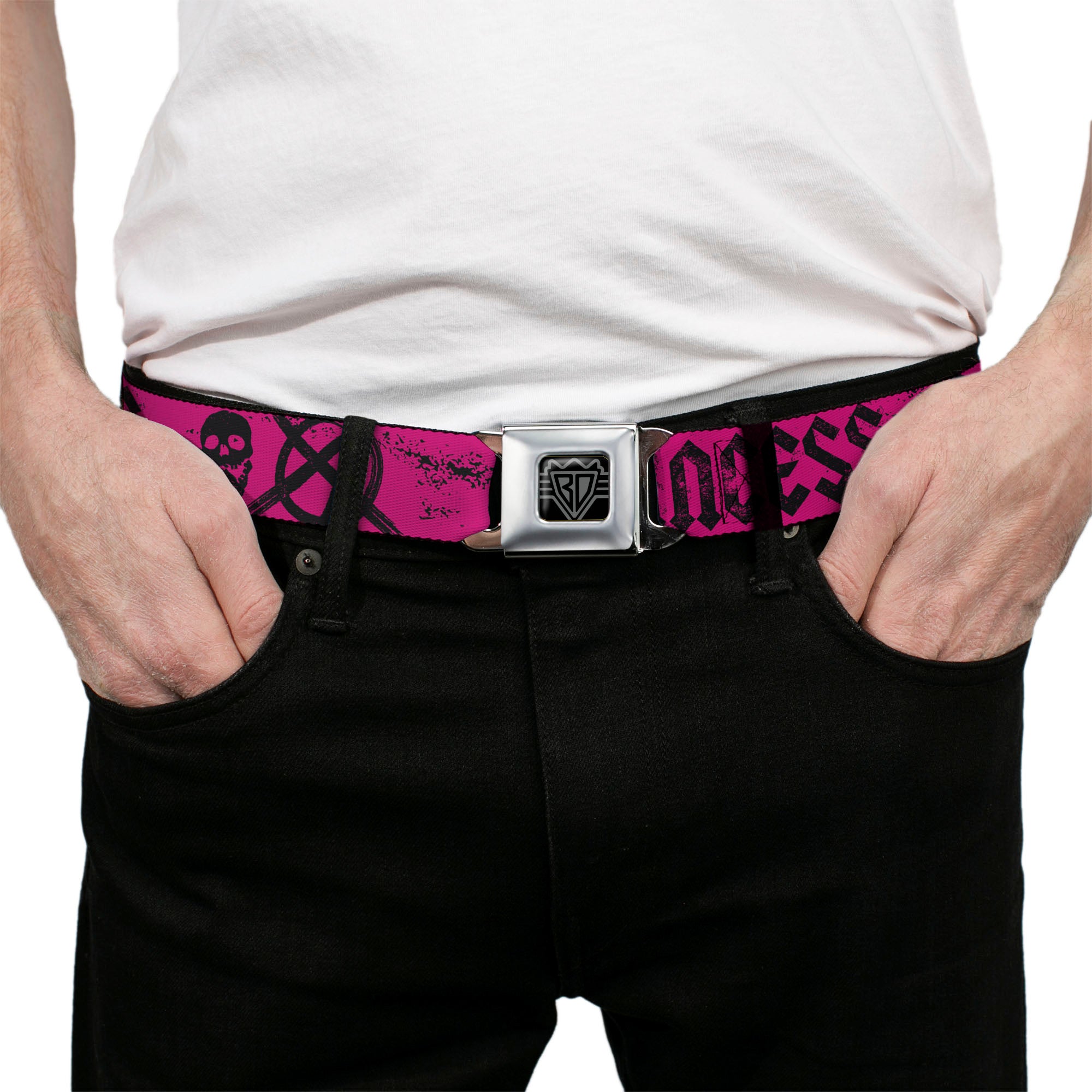 BD Wings Logo CLOSE-UP Full Color Black Silver Seatbelt Belt - Punk Princess Fuchsia/Black Webbing Seatbelt Belts Buckle-Down