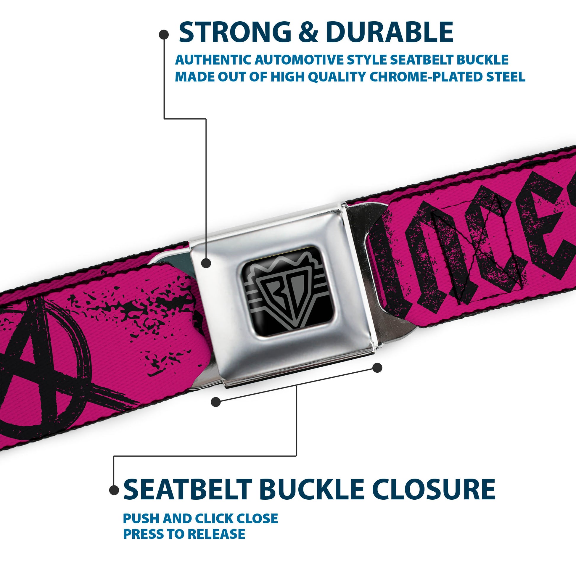 BD Wings Logo CLOSE-UP Full Color Black Silver Seatbelt Belt - Punk Princess Fuchsia/Black Webbing Seatbelt Belts Buckle-Down
