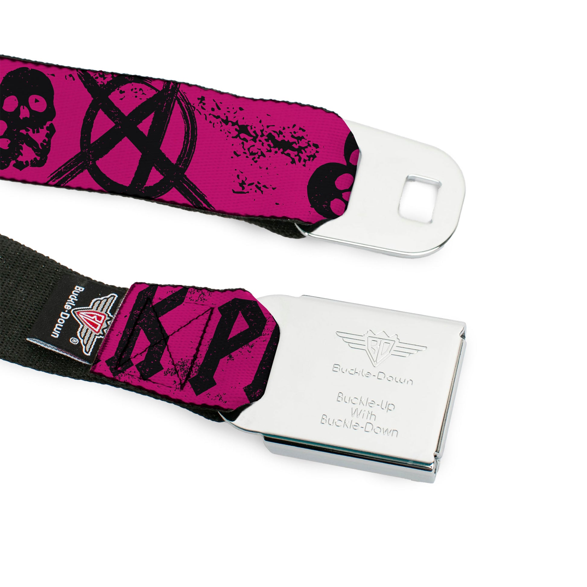 BD Wings Logo CLOSE-UP Full Color Black Silver Seatbelt Belt - Punk Princess Fuchsia/Black Webbing Seatbelt Belts Buckle-Down