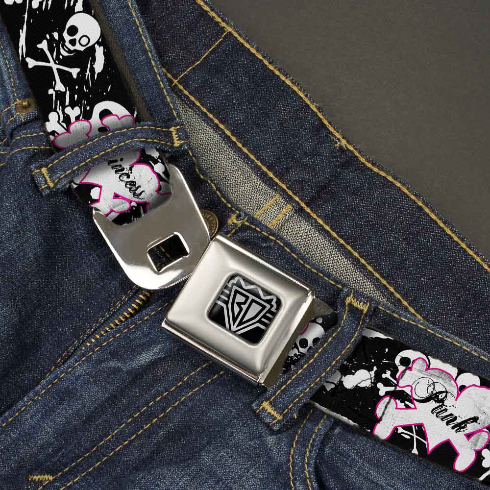 BD Wings Logo CLOSE-UP Full Color Black Silver Seatbelt Belt - Punk Princess Heart & Cross Bones w/Skulls & Splatter Black/White Webbing Seatbelt Belts Buckle-Down