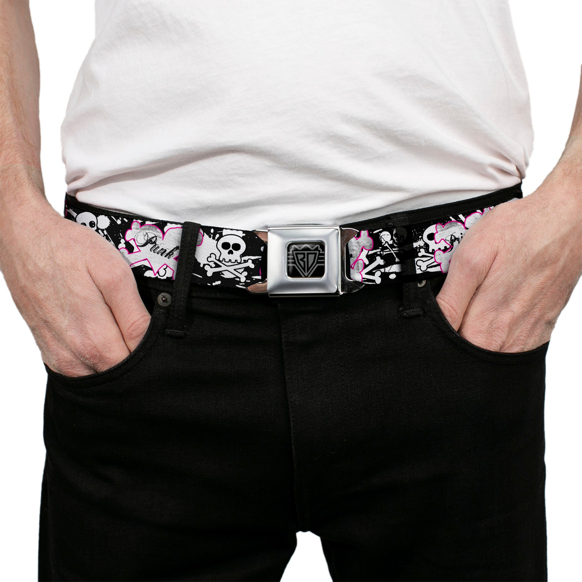 BD Wings Logo CLOSE-UP Full Color Black Silver Seatbelt Belt - Punk Princess Heart & Cross Bones w/Skulls & Splatter Black/White Webbing Seatbelt Belts Buckle-Down