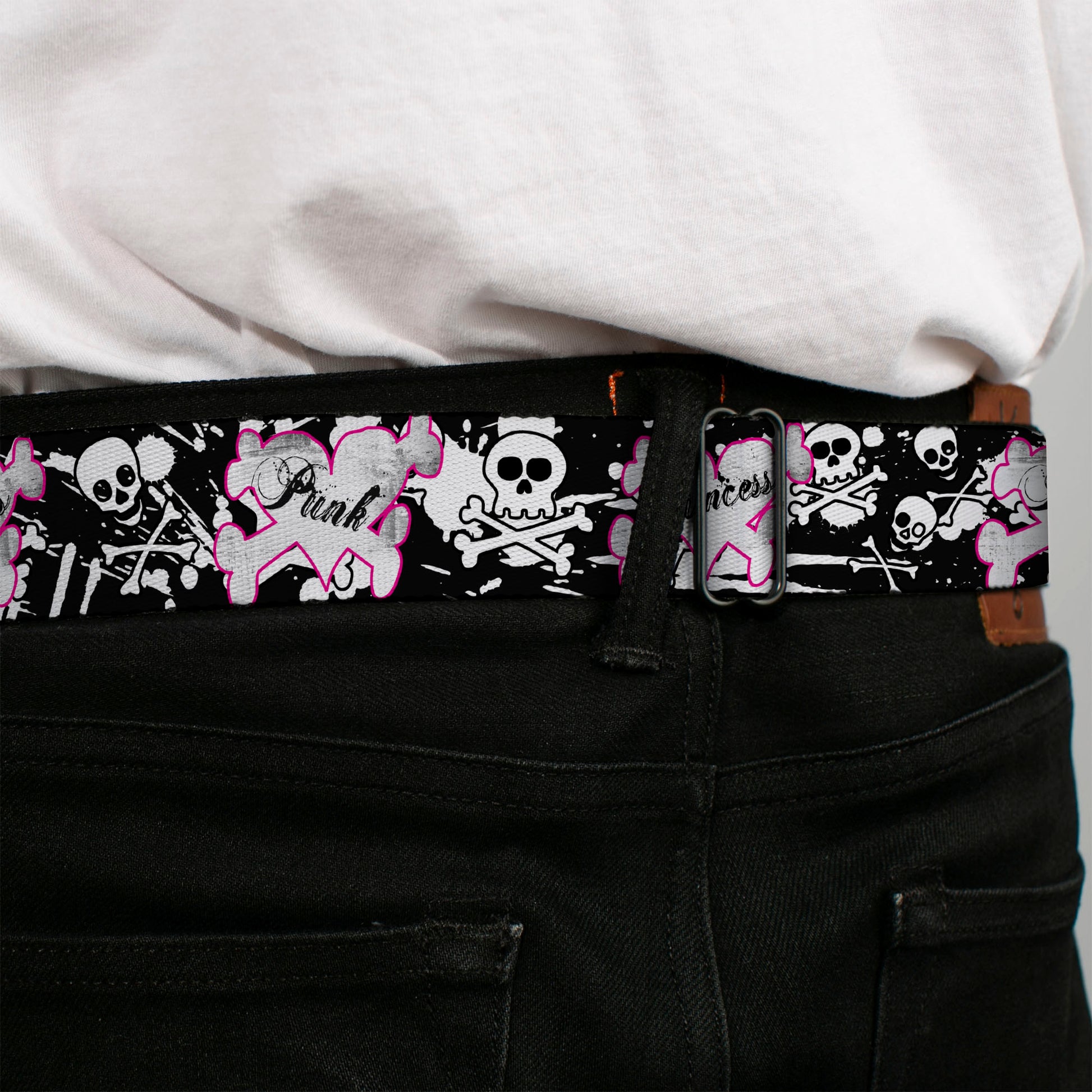 BD Wings Logo CLOSE-UP Full Color Black Silver Seatbelt Belt - Punk Princess Heart & Cross Bones w/Skulls & Splatter Black/White Webbing Seatbelt Belts Buckle-Down