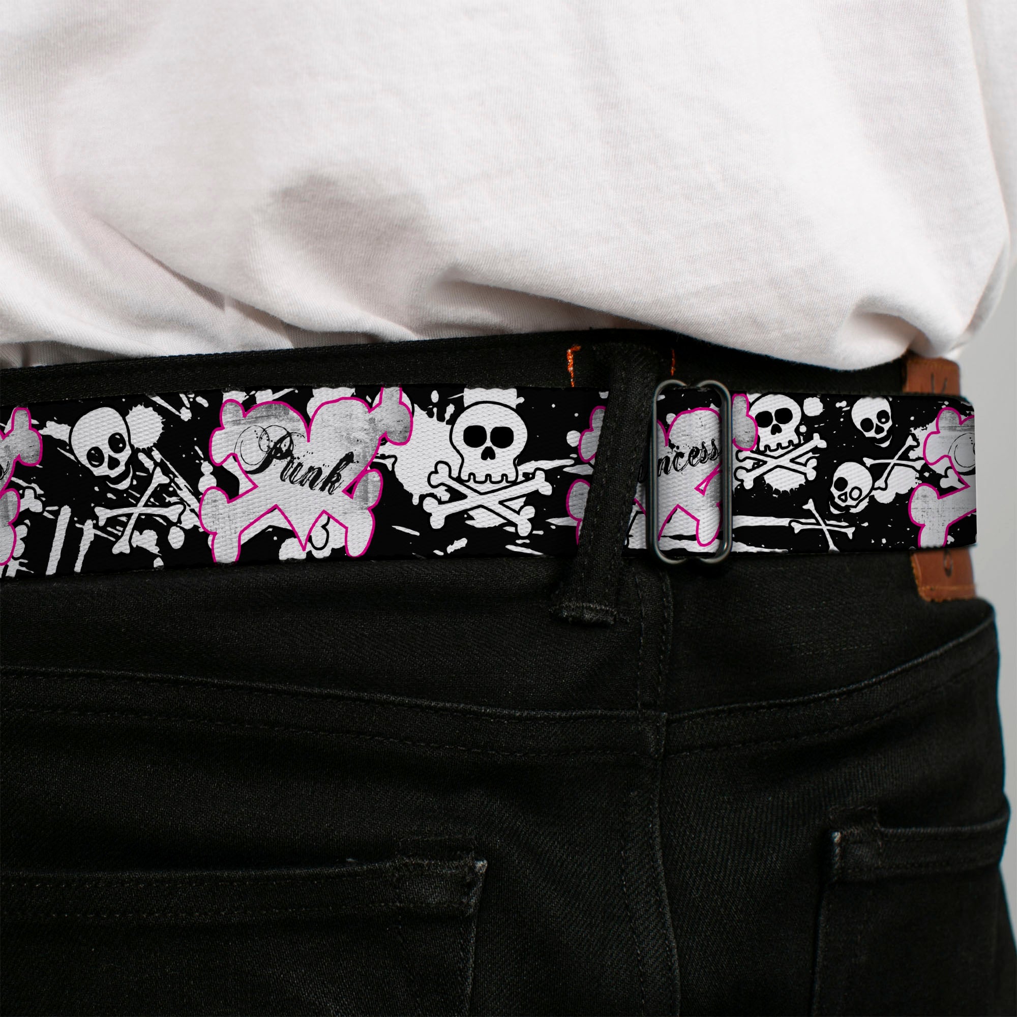 BD Wings Logo CLOSE-UP Full Color Black Silver Seatbelt Belt - Punk Princess Heart & Cross Bones w/Skulls & Splatter Black/White Webbing Seatbelt Belts Buckle-Down
