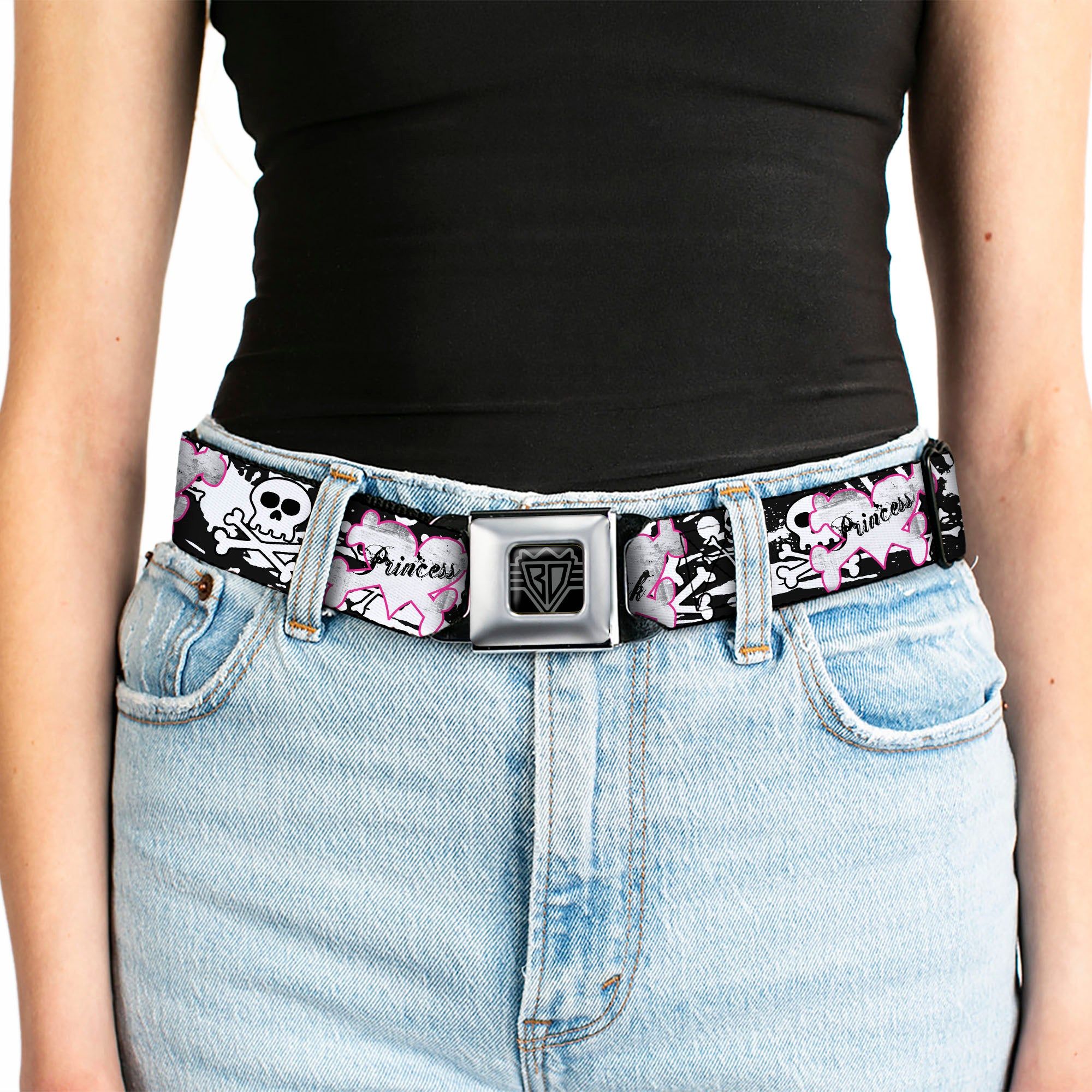 BD Wings Logo CLOSE-UP Full Color Black Silver Seatbelt Belt - Punk Princess Heart & Cross Bones w/Skulls & Splatter Black/White Webbing Seatbelt Belts Buckle-Down