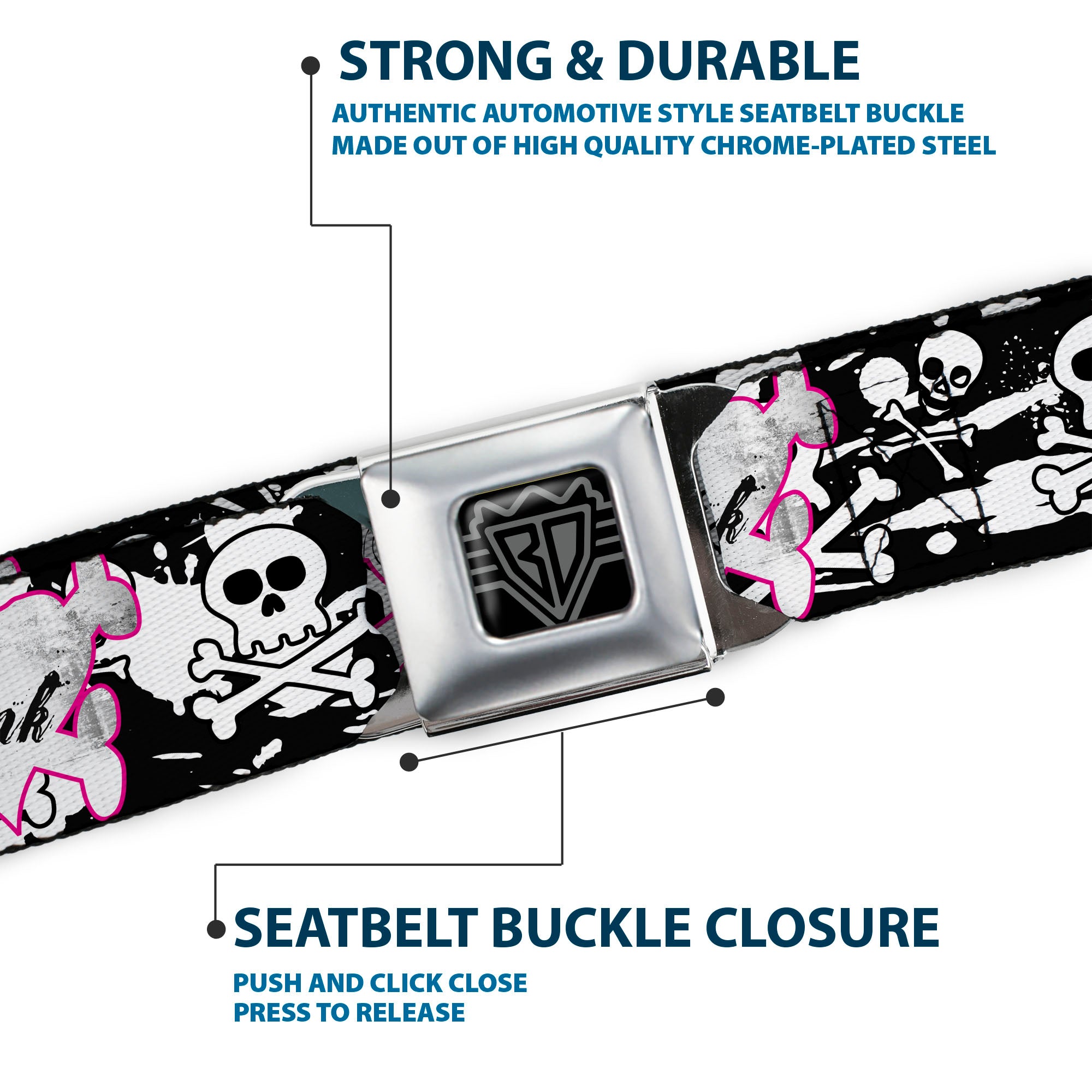 BD Wings Logo CLOSE-UP Full Color Black Silver Seatbelt Belt - Punk Princess Heart & Cross Bones w/Skulls & Splatter Black/White Webbing Seatbelt Belts Buckle-Down