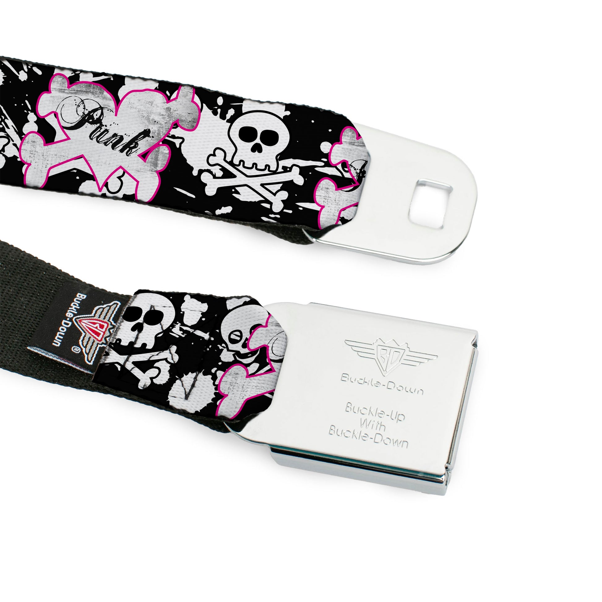 BD Wings Logo CLOSE-UP Full Color Black Silver Seatbelt Belt - Punk Princess Heart & Cross Bones w/Skulls & Splatter Black/White Webbing Seatbelt Belts Buckle-Down