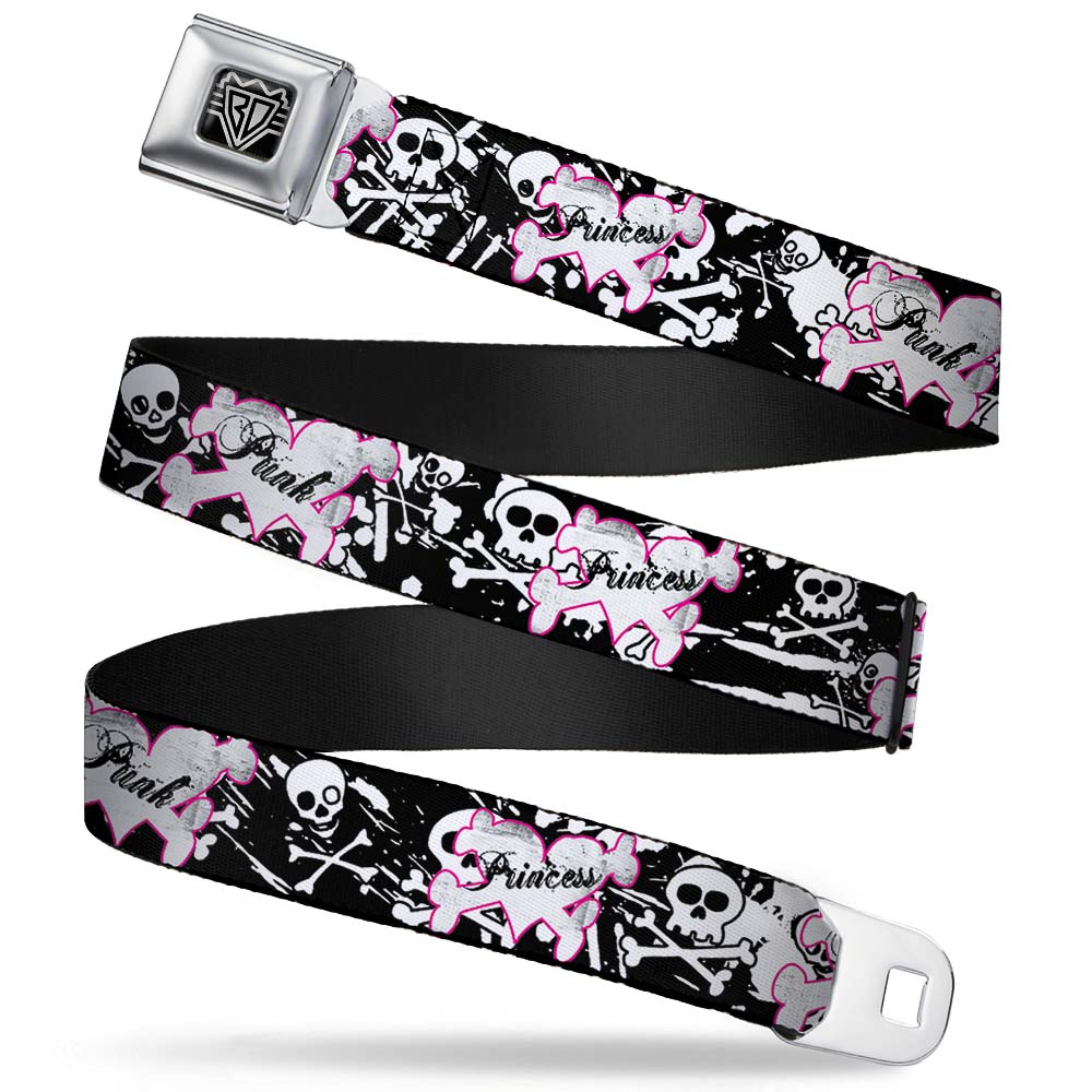 BD Wings Logo CLOSE-UP Full Color Black Silver Seatbelt Belt - Punk Princess Heart & Cross Bones w/Skulls & Splatter Black/White Webbing Seatbelt Belts Buckle-Down