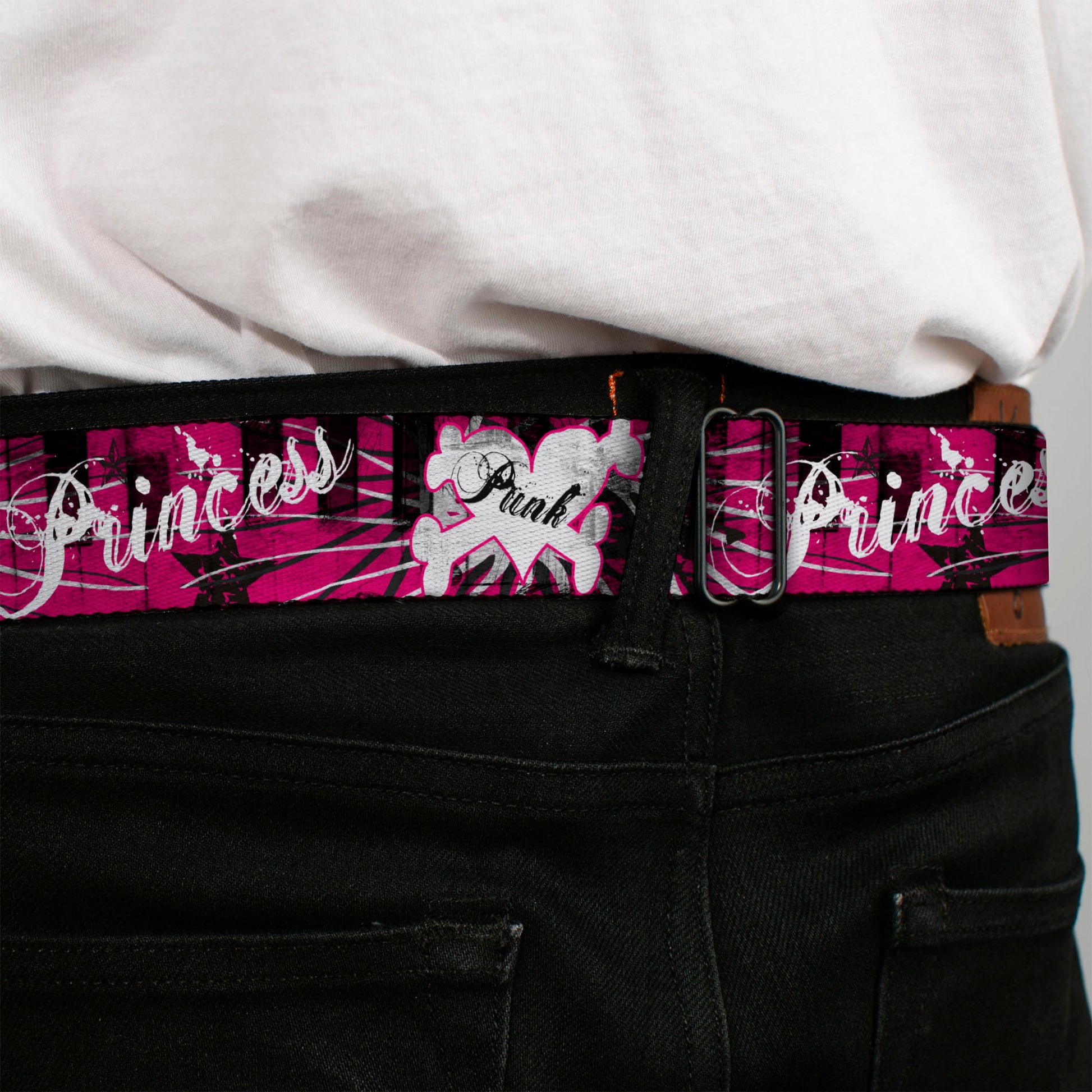 BD Wings Logo CLOSE-UP Full Color Black Silver Seatbelt Belt - Punk Princess w/Piano Keys Webbing Seatbelt Belts Buckle-Down