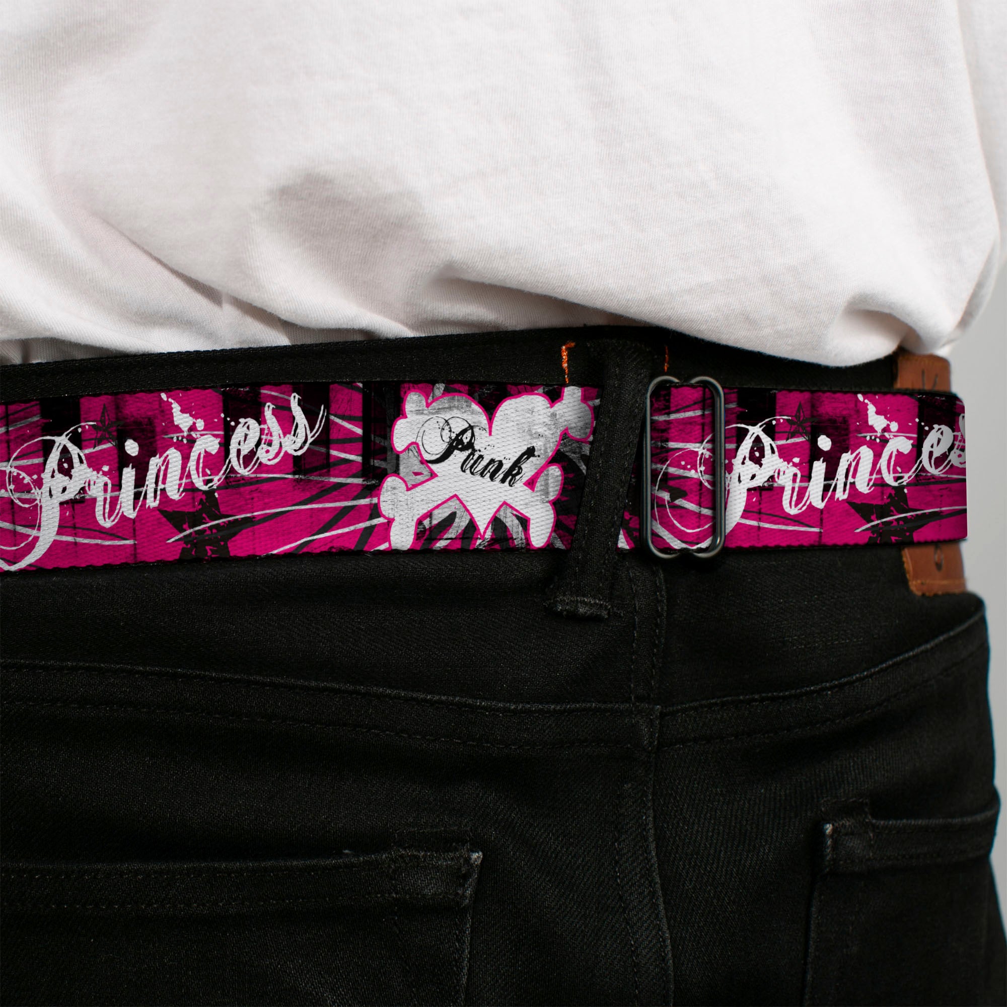 BD Wings Logo CLOSE-UP Full Color Black Silver Seatbelt Belt - Punk Princess w/Piano Keys Webbing Seatbelt Belts Buckle-Down