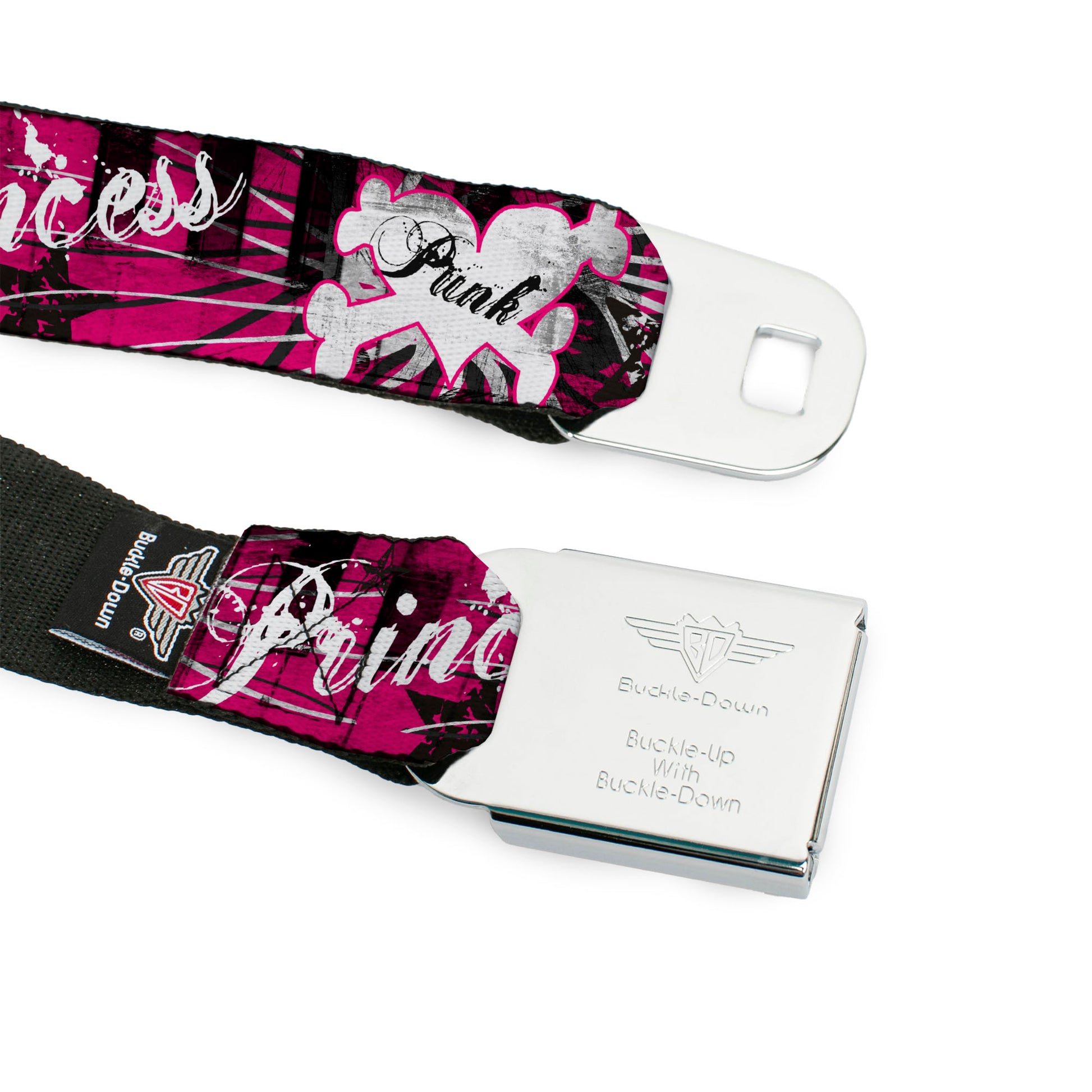 BD Wings Logo CLOSE-UP Full Color Black Silver Seatbelt Belt - Punk Princess w/Piano Keys Webbing Seatbelt Belts Buckle-Down