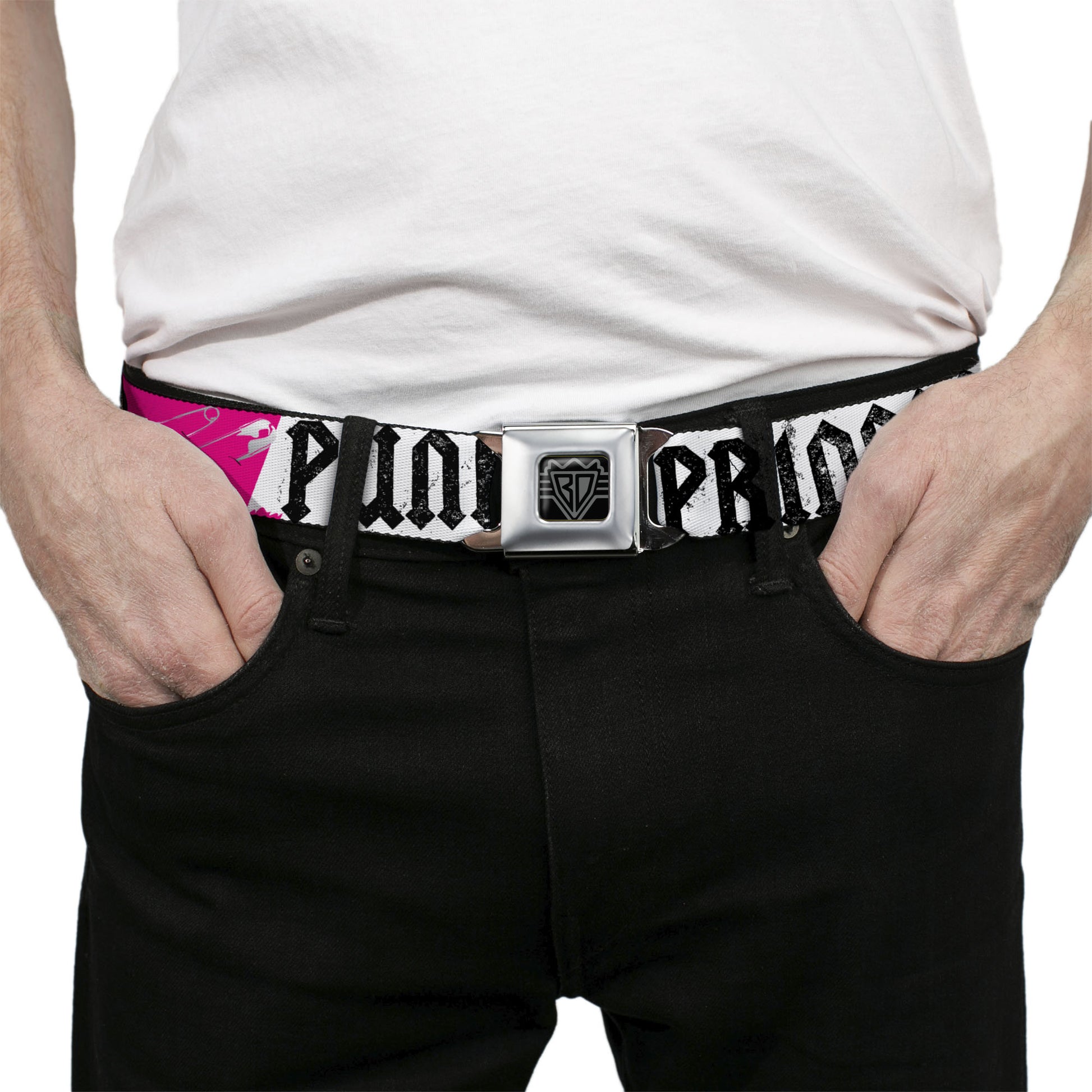 BD Wings Logo CLOSE-UP Full Color Black Silver Seatbelt Belt - Punk Princess w/Zippers & Skulls Webbing Seatbelt Belts Buckle-Down