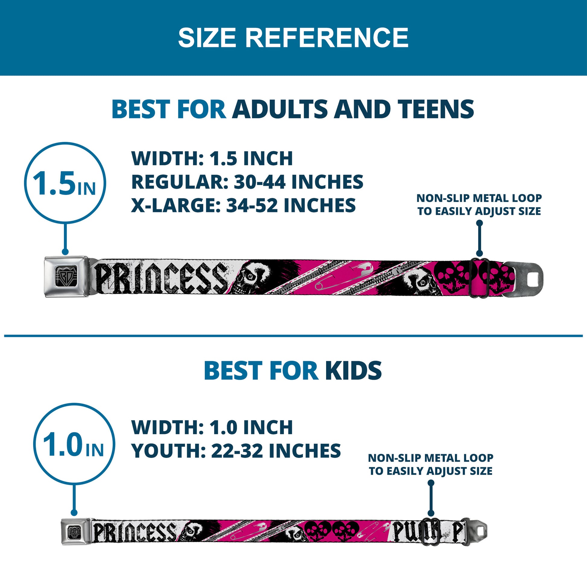 BD Wings Logo CLOSE-UP Full Color Black Silver Seatbelt Belt - Punk Princess w/Zippers & Skulls Webbing Seatbelt Belts Buckle-Down