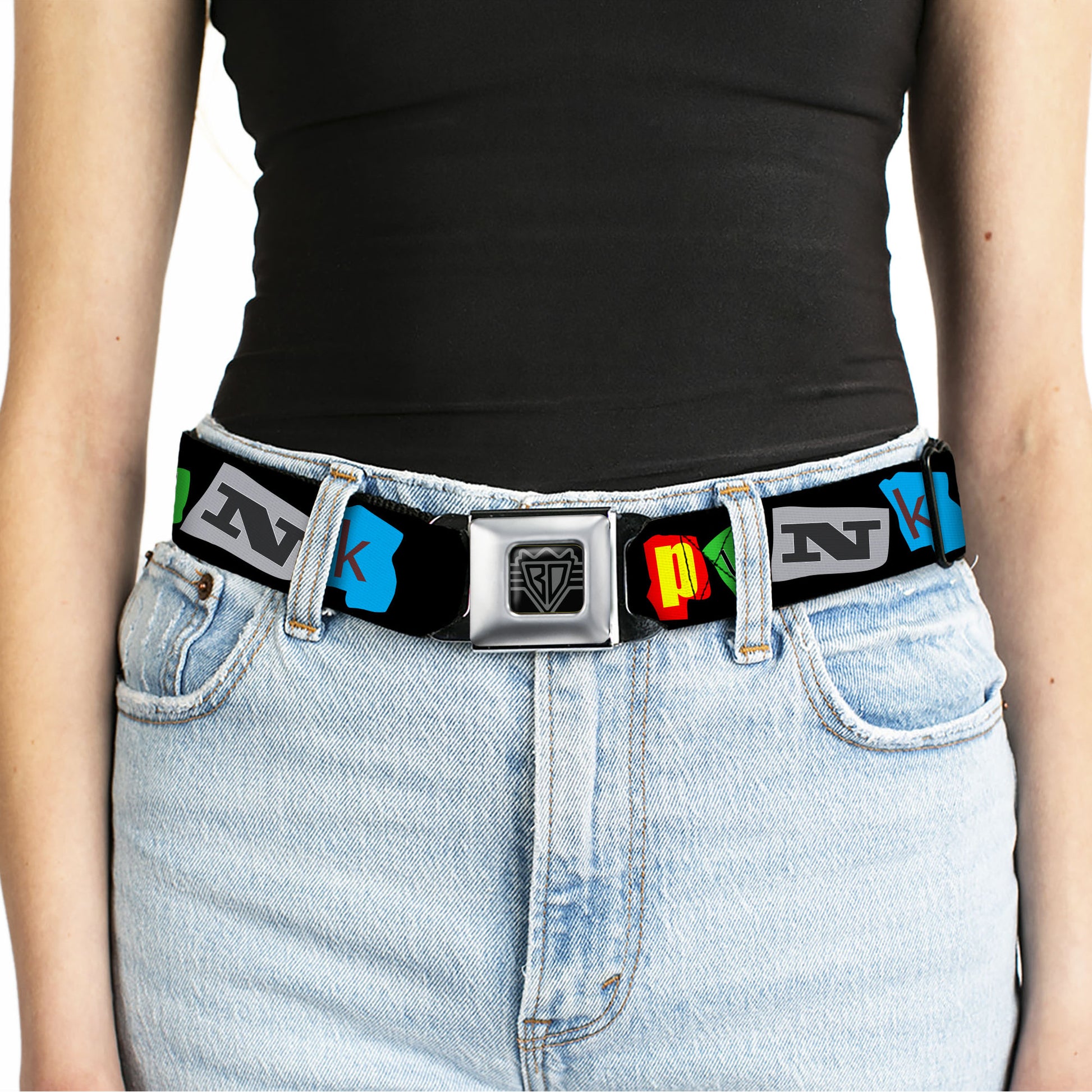 BD Wings Logo CLOSE-UP Full Color Black Silver Seatbelt Belt - Punk You Black/Full Color Webbing Seatbelt Belts Buckle-Down