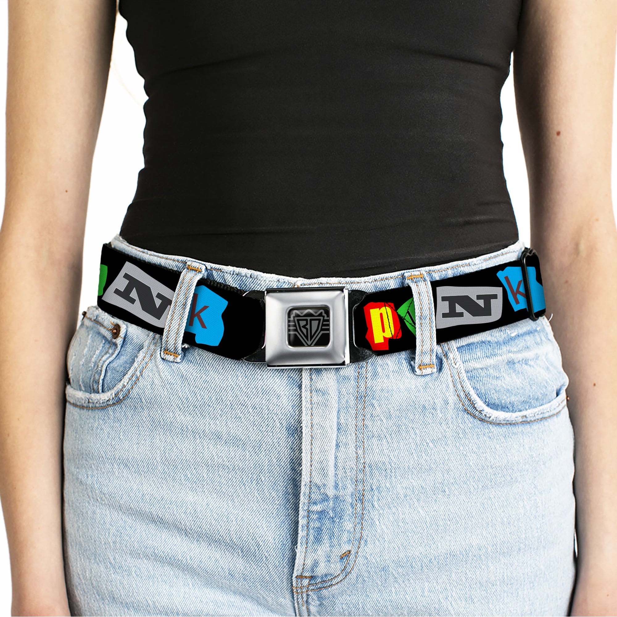 BD Wings Logo CLOSE-UP Full Color Black Silver Seatbelt Belt - Punk You Black/Full Color Webbing Seatbelt Belts Buckle-Down