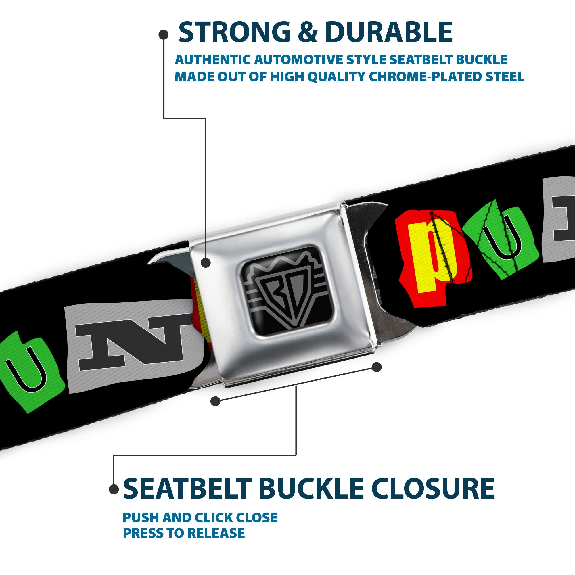 BD Wings Logo CLOSE-UP Full Color Black Silver Seatbelt Belt - Punk You Black/Full Color Webbing Seatbelt Belts Buckle-Down