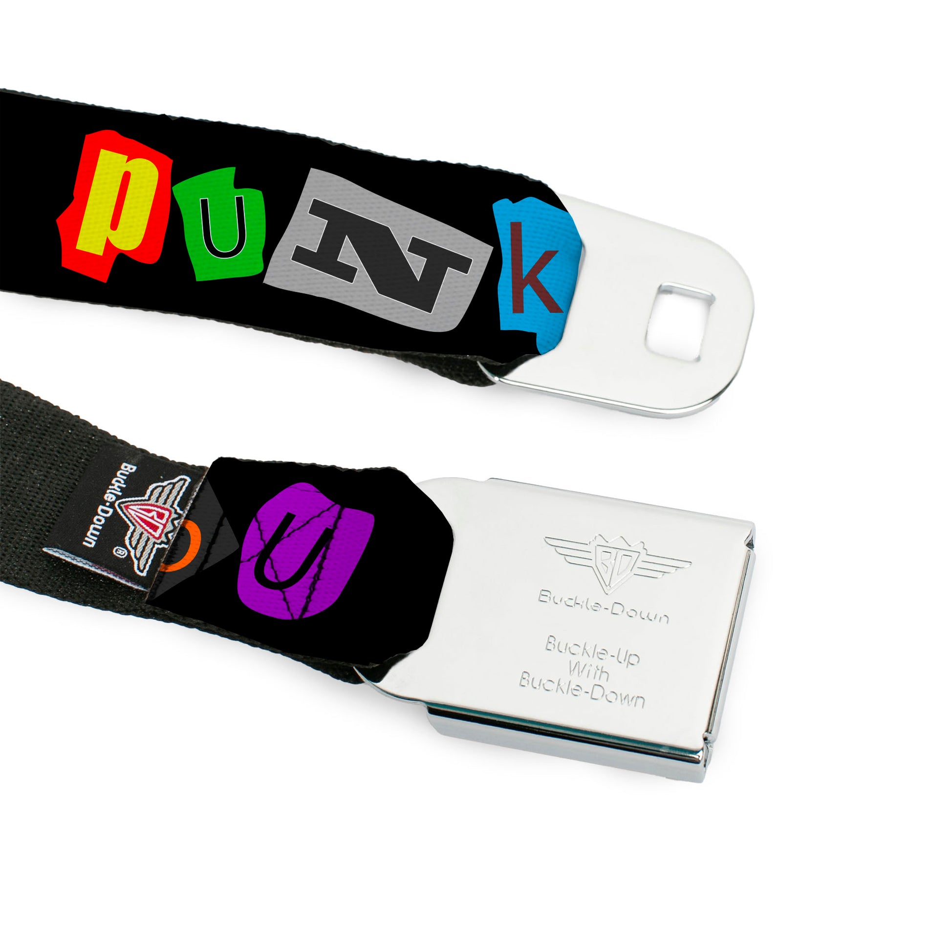 BD Wings Logo CLOSE-UP Full Color Black Silver Seatbelt Belt - Punk You Black/Full Color Webbing Seatbelt Belts Buckle-Down