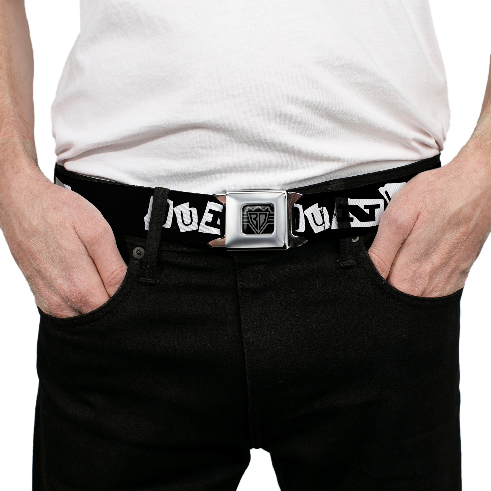 BD Wings Logo CLOSE-UP Full Color Black Silver Seatbelt Belt - Punk You Black/White Webbing Seatbelt Belts Buckle-Down