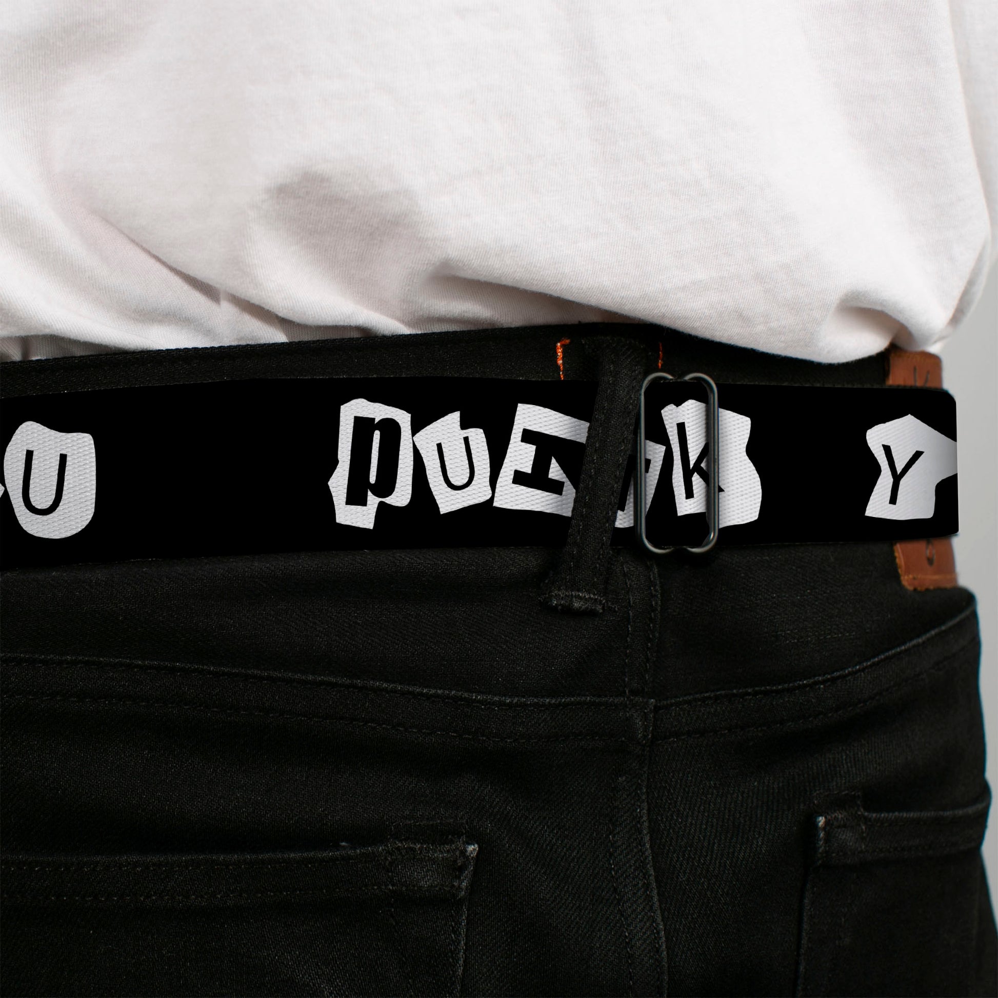 BD Wings Logo CLOSE-UP Full Color Black Silver Seatbelt Belt - Punk You Black/White Webbing Seatbelt Belts Buckle-Down