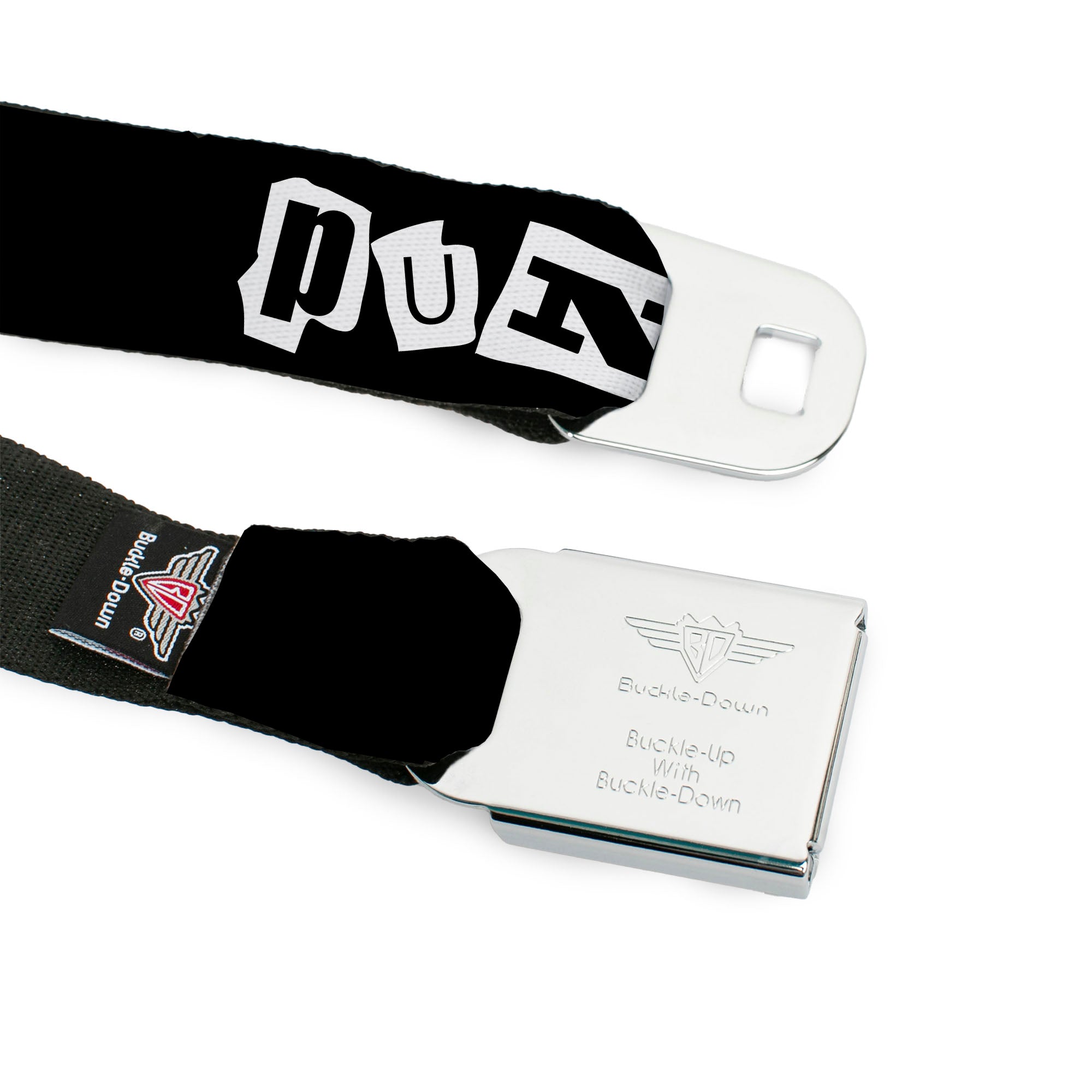 BD Wings Logo CLOSE-UP Full Color Black Silver Seatbelt Belt - Punk You Black/White Webbing Seatbelt Belts Buckle-Down