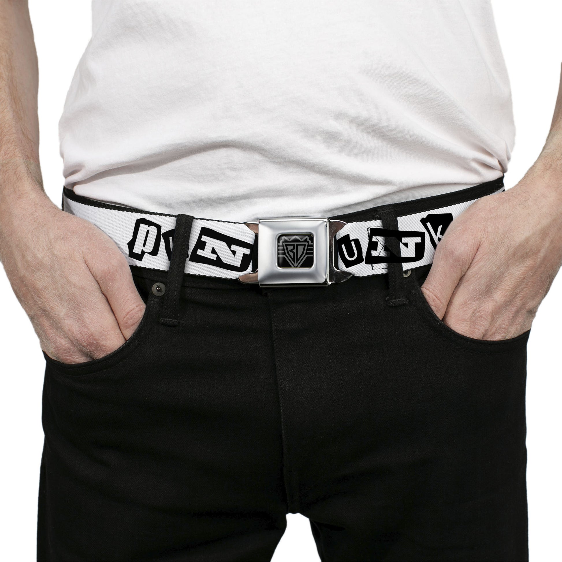 BD Wings Logo CLOSE-UP Full Color Black Silver Seatbelt Belt - Punk You White/Black Webbing Seatbelt Belts Buckle-Down