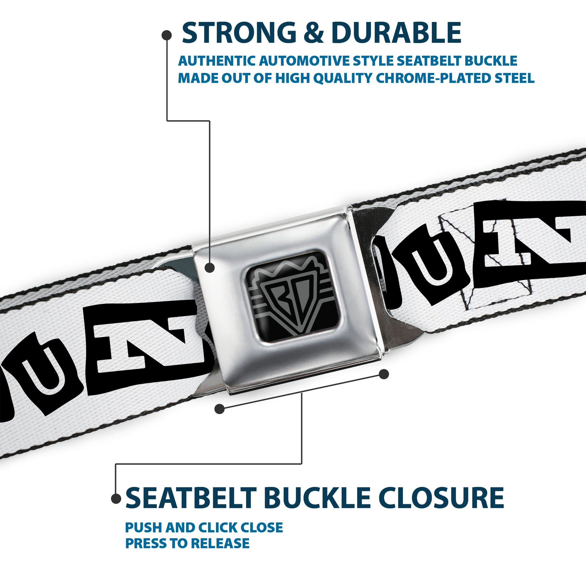 BD Wings Logo CLOSE-UP Full Color Black Silver Seatbelt Belt - Punk You White/Black Webbing Seatbelt Belts Buckle-Down