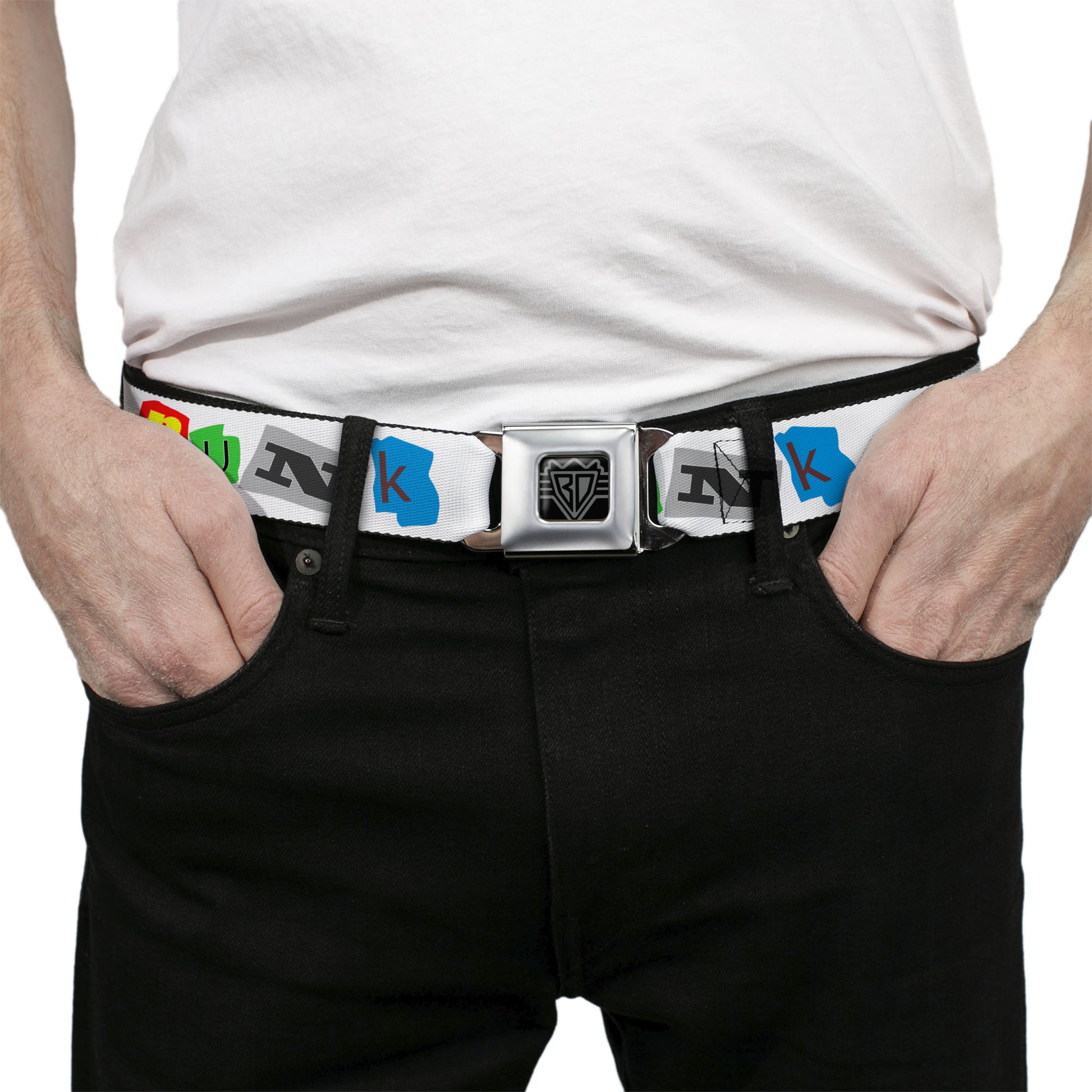 BD Wings Logo CLOSE-UP Full Color Black Silver Seatbelt Belt - Punk You White/Full Color Webbing Seatbelt Belts Buckle-Down