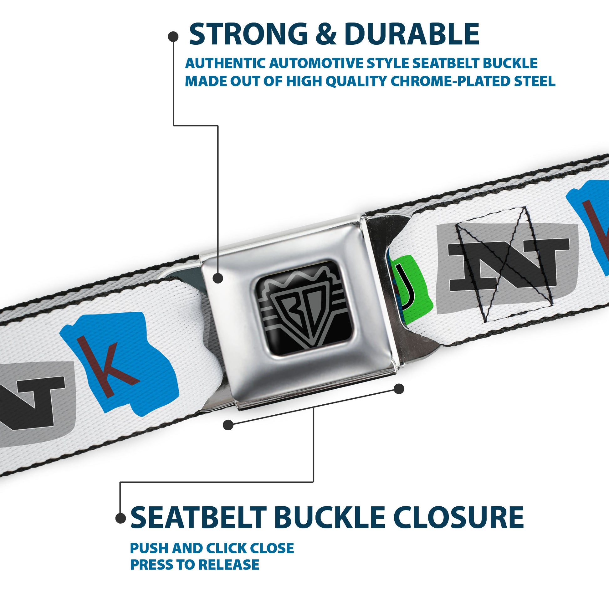 BD Wings Logo CLOSE-UP Full Color Black Silver Seatbelt Belt - Punk You White/Full Color Webbing Seatbelt Belts Buckle-Down