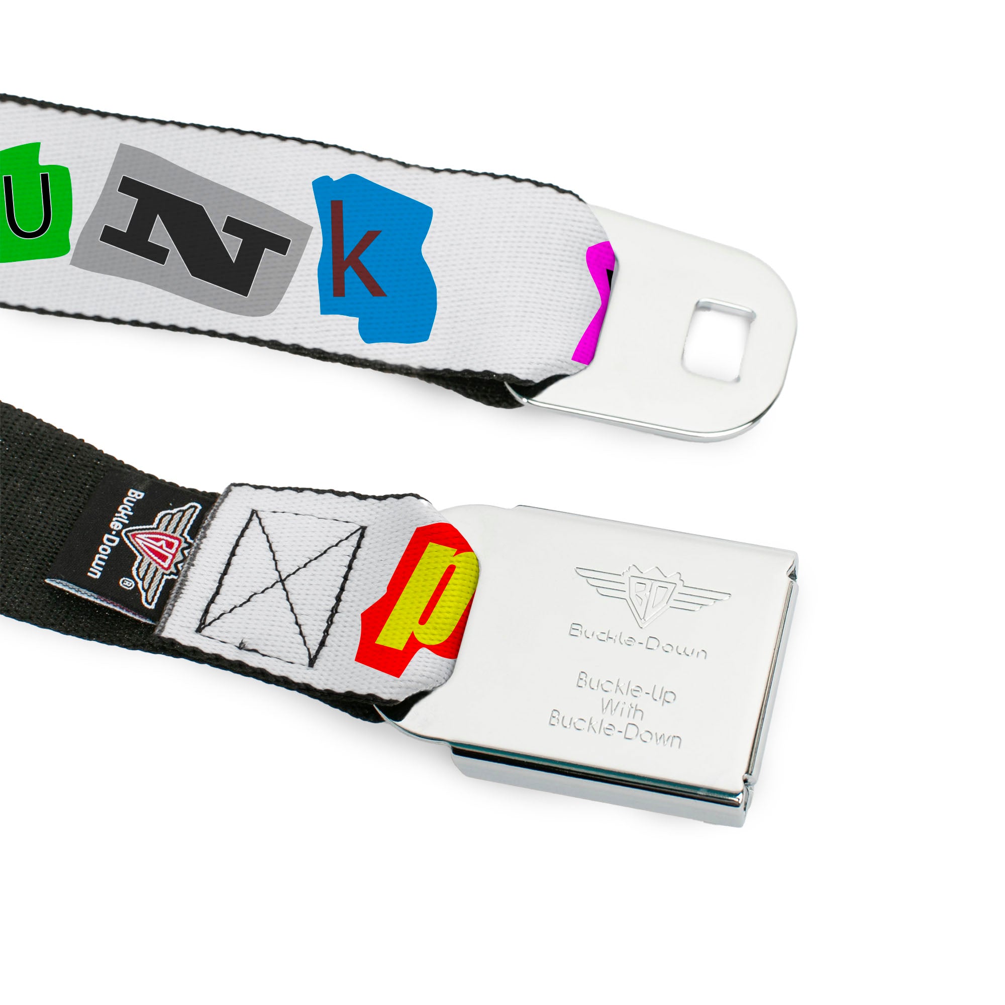 BD Wings Logo CLOSE-UP Full Color Black Silver Seatbelt Belt - Punk You White/Full Color Webbing Seatbelt Belts Buckle-Down