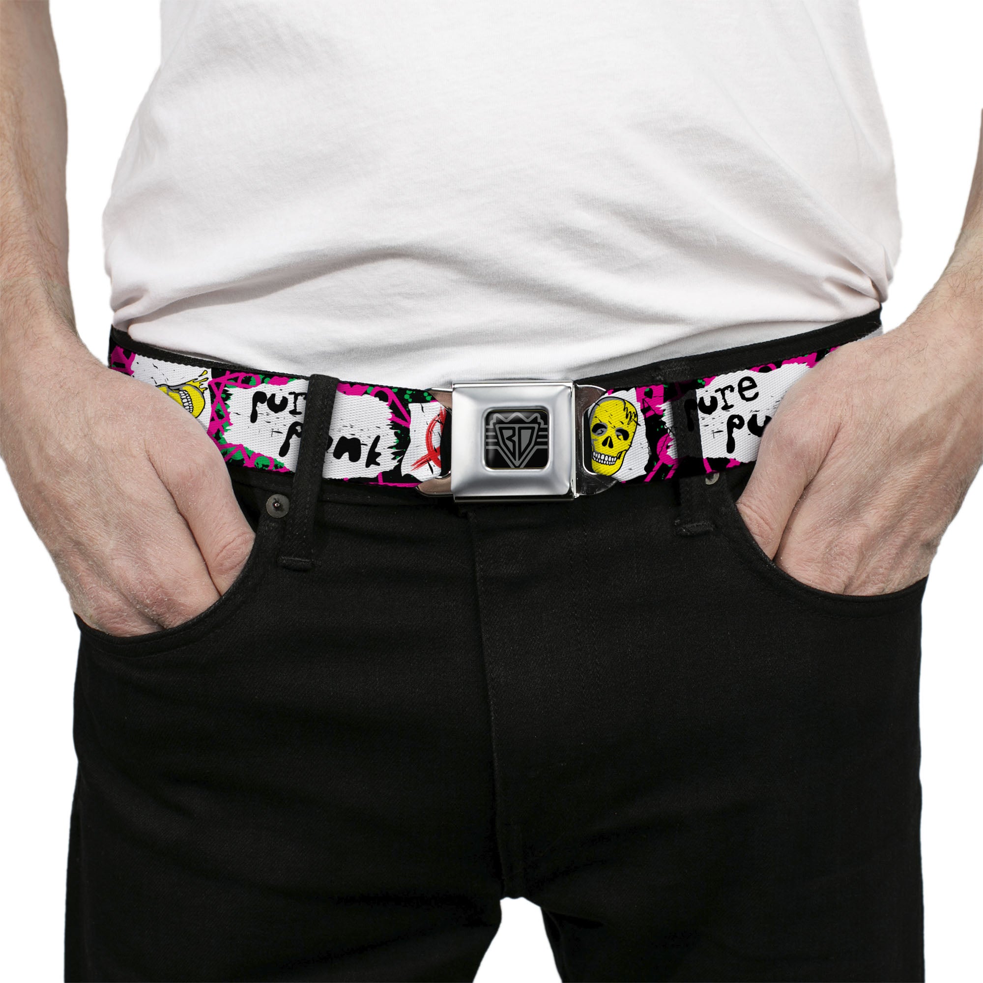 BD Wings Logo CLOSE-UP Full Color Black Silver Seatbelt Belt - Pure Punk w/Safety Pins Black/Fuchsia/White Webbing Seatbelt Belts Buckle-Down