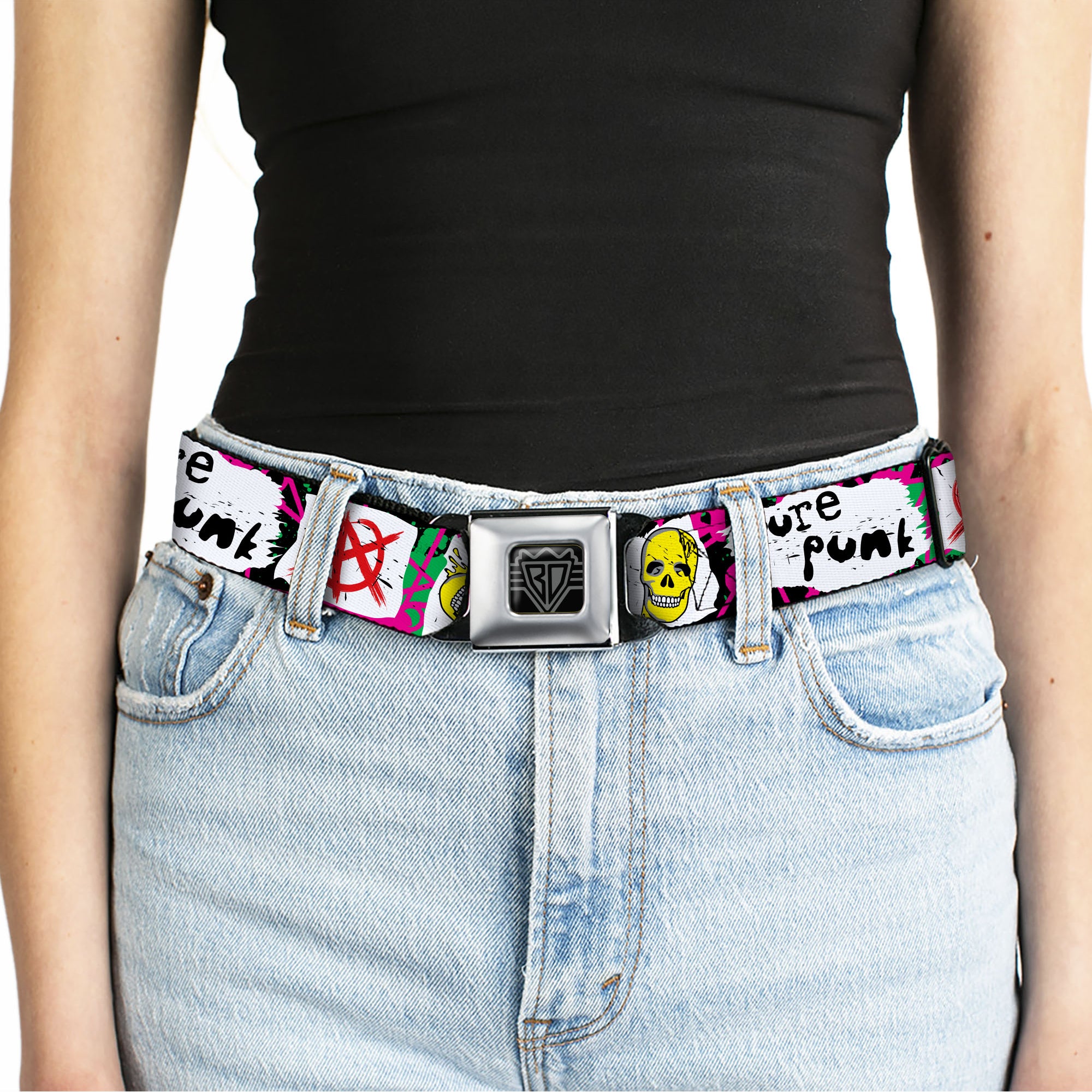 BD Wings Logo CLOSE-UP Full Color Black Silver Seatbelt Belt - Pure Punk w/Safety Pins Black/Fuchsia/White Webbing Seatbelt Belts Buckle-Down