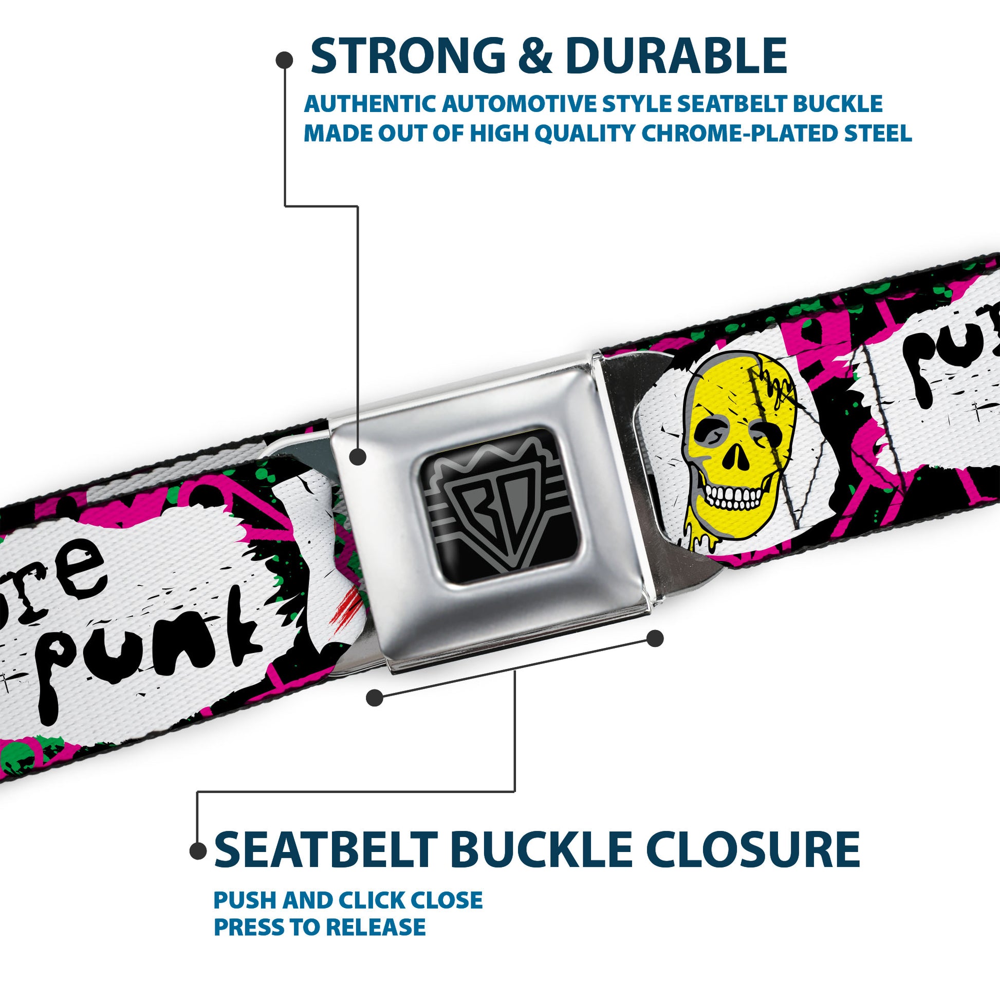 BD Wings Logo CLOSE-UP Full Color Black Silver Seatbelt Belt - Pure Punk w/Safety Pins Black/Fuchsia/White Webbing Seatbelt Belts Buckle-Down