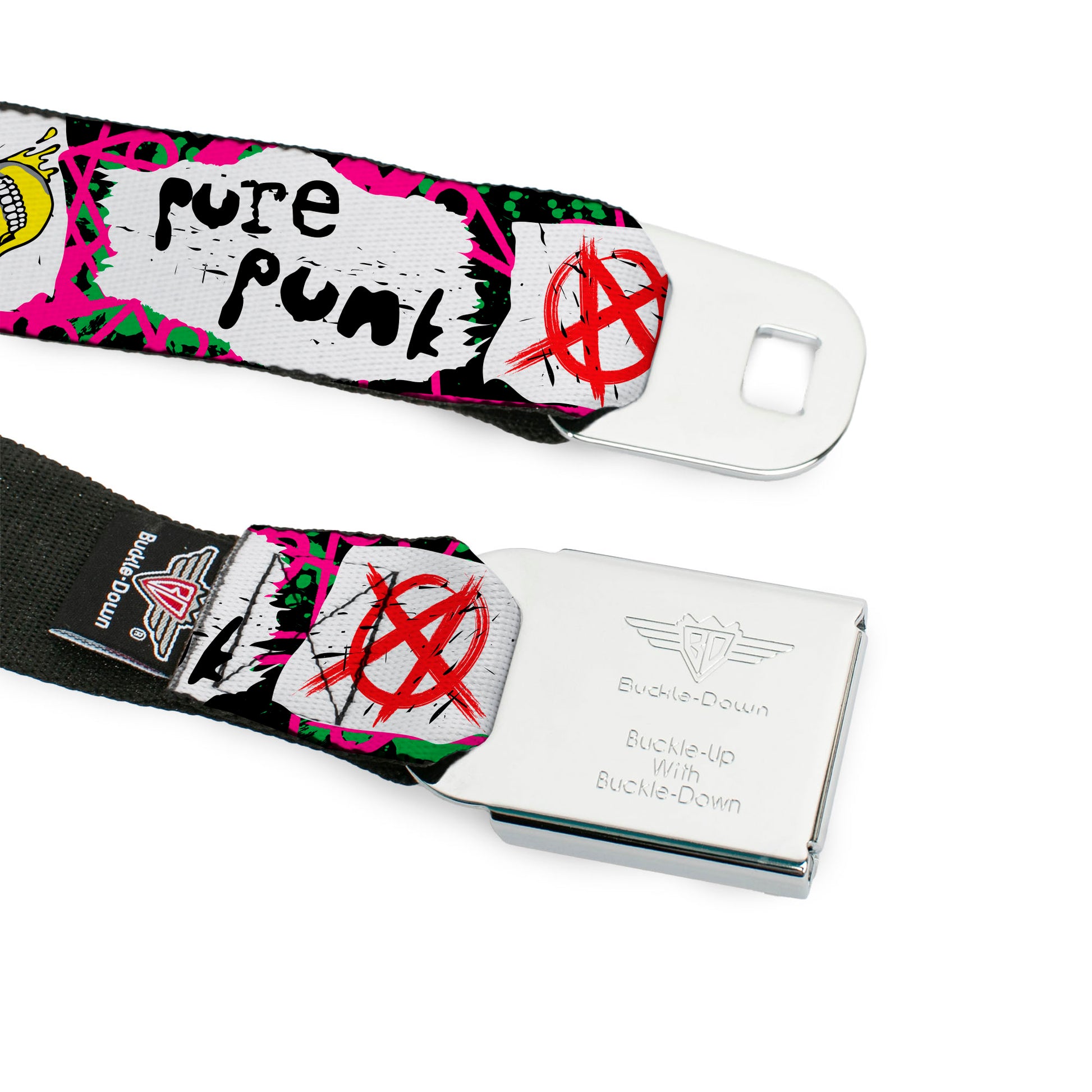 BD Wings Logo CLOSE-UP Full Color Black Silver Seatbelt Belt - Pure Punk w/Safety Pins Black/Fuchsia/White Webbing Seatbelt Belts Buckle-Down